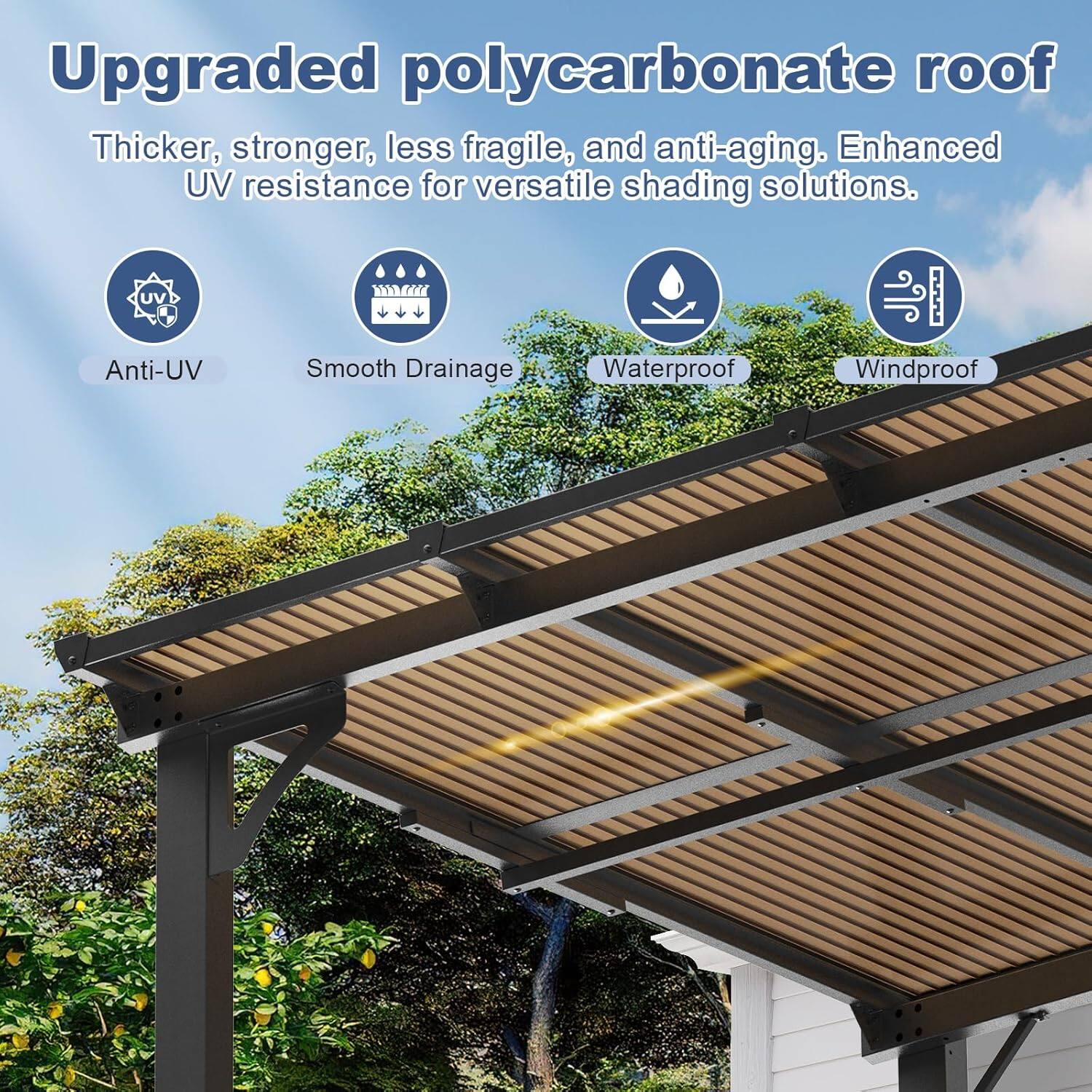 Upgraded polycarbonate roof  
Thicker, stronger, less fragile, and anti-aging. Enhanced UV resistance for versatile shading solutions.  
Anti-UV  
Smooth Drainage  
Waterproof  
Windproof