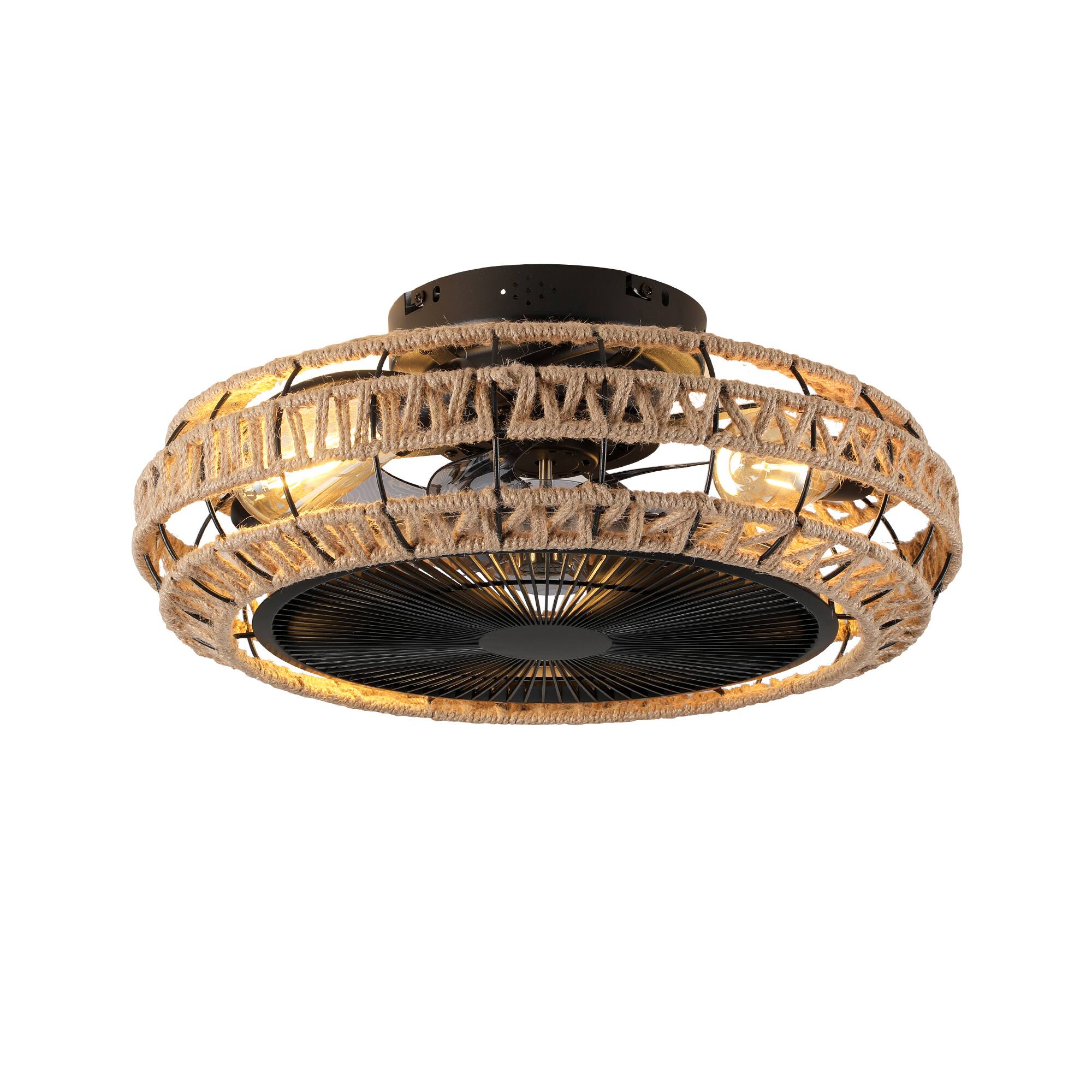 Alt View 4. Sofucor - 20" Rustic Caged Ceiling Fan with Light and Remote Boho Handwoven Flush Mount Fandelier fr Farmhouse Bedroom Living Room - Black & Rope 1.