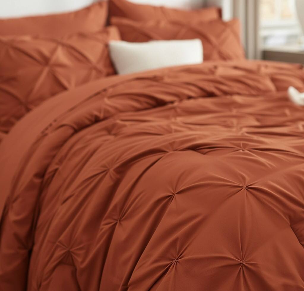 Alt View 4. FINEAK - Modern Queen Pinch Pleat Comforter Set with Sheets-7-Piece All-Season Bed in a Bag - Burnt Orange.