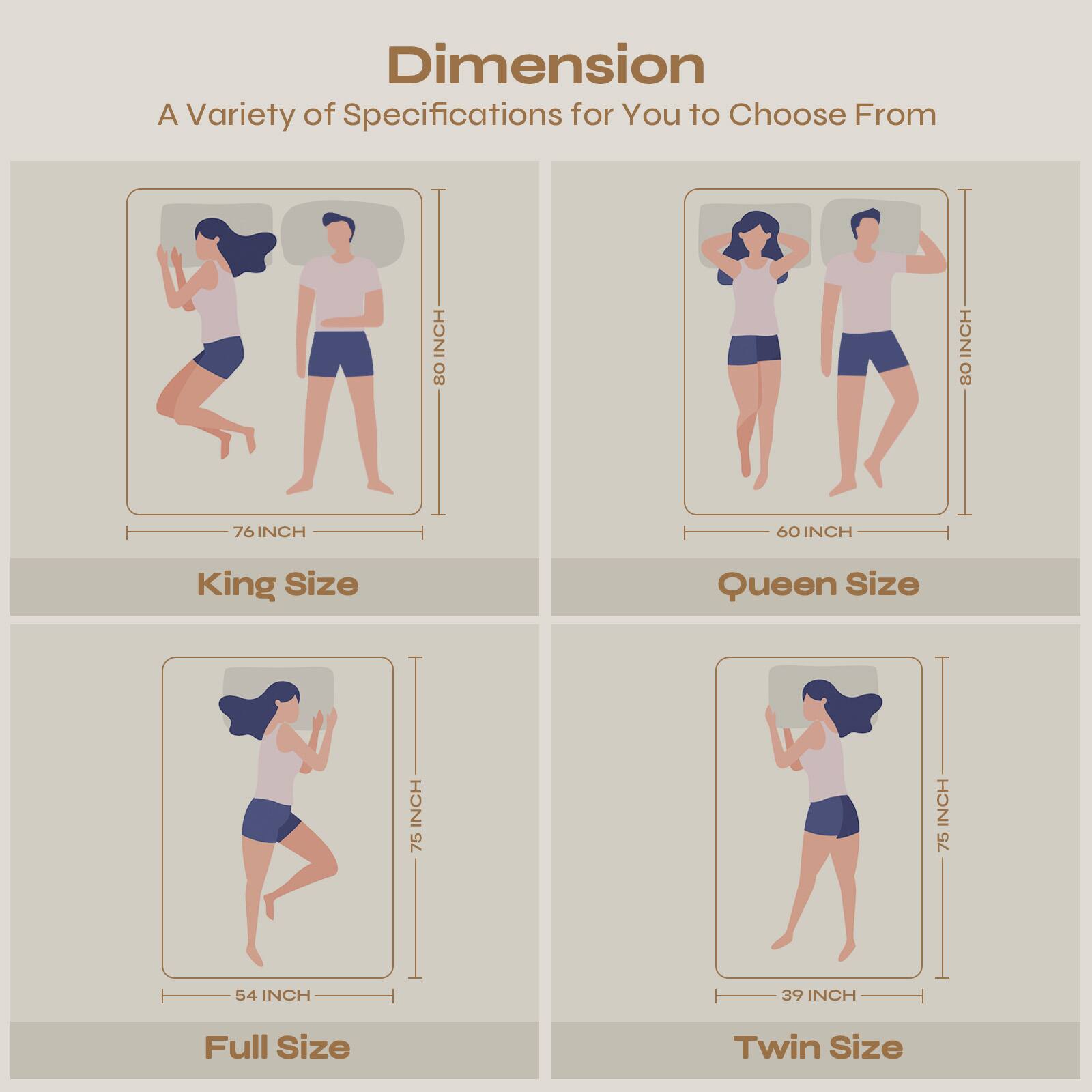 Dimension  
A Variety of Specifications for You to Choose From  

- King Size: 76 INCH x 80 INCH  
- Queen Size: 60 INCH x 80 INCH  
- Full Size: 54 INCH x 75 INCH  
- Twin Size: 39 INCH x 75 INCH