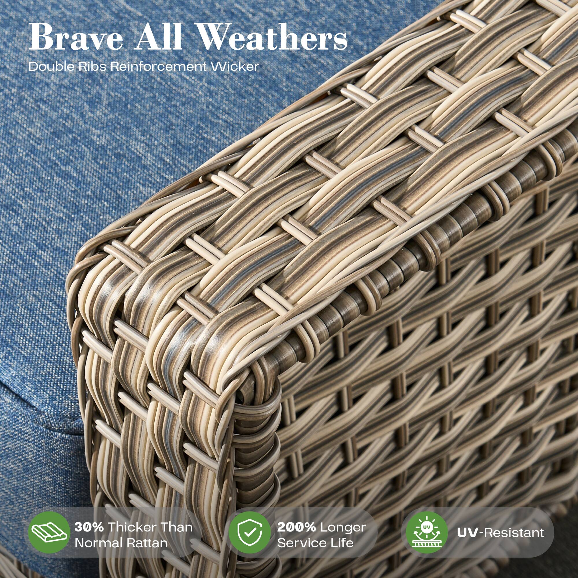 Brave All Weathers  
Double Ribs Reinforcement Wicker  

30% Thicker Than Normal Rattan  
200% Longer Service Life  
UV-Resistant