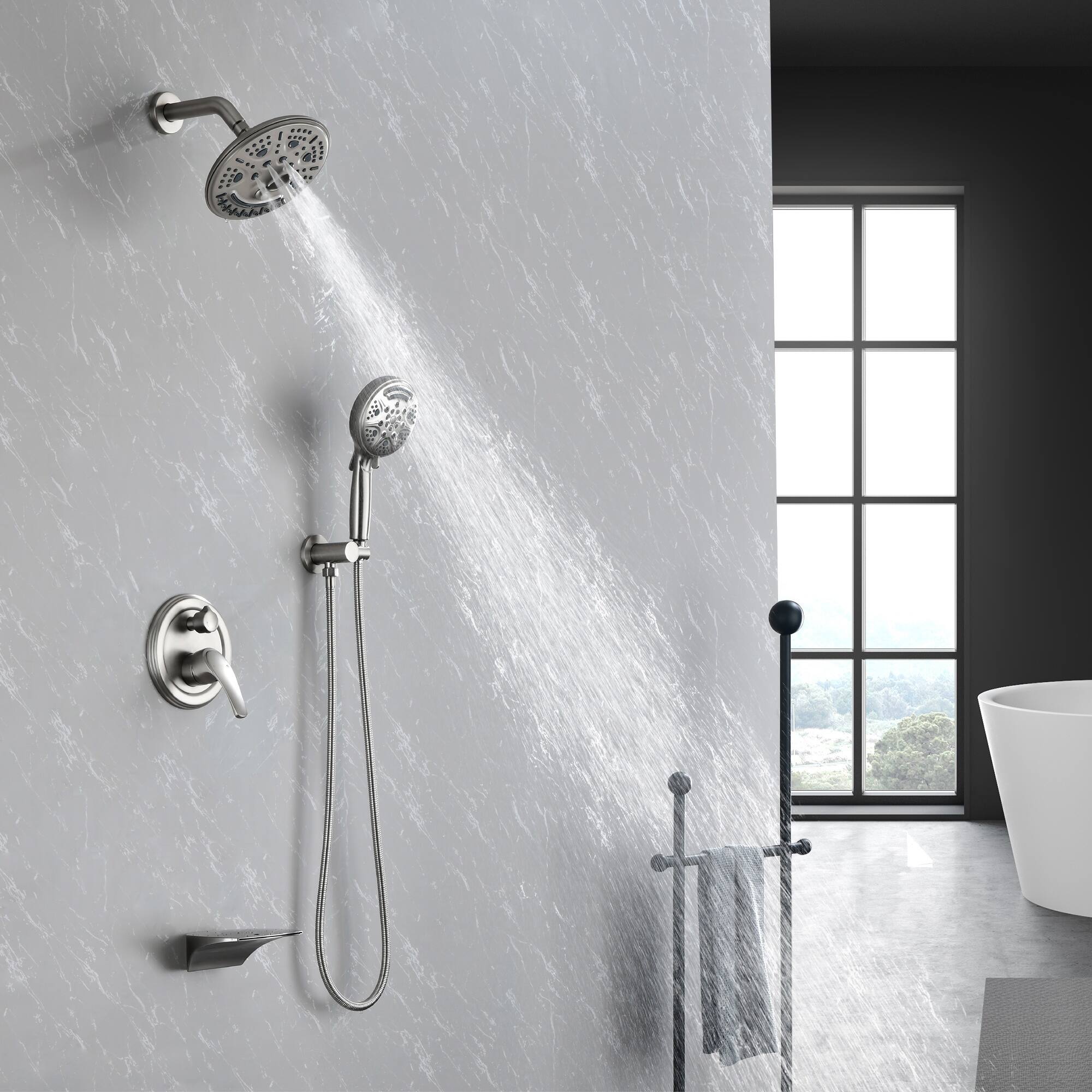 Alt View 1. Boyel Living - Brushed Nickel Shower Set Brass SUS304 3-Function Valve 8-Inch Top Spray 9-Function Handheld cUPC - Brushed Nickel.