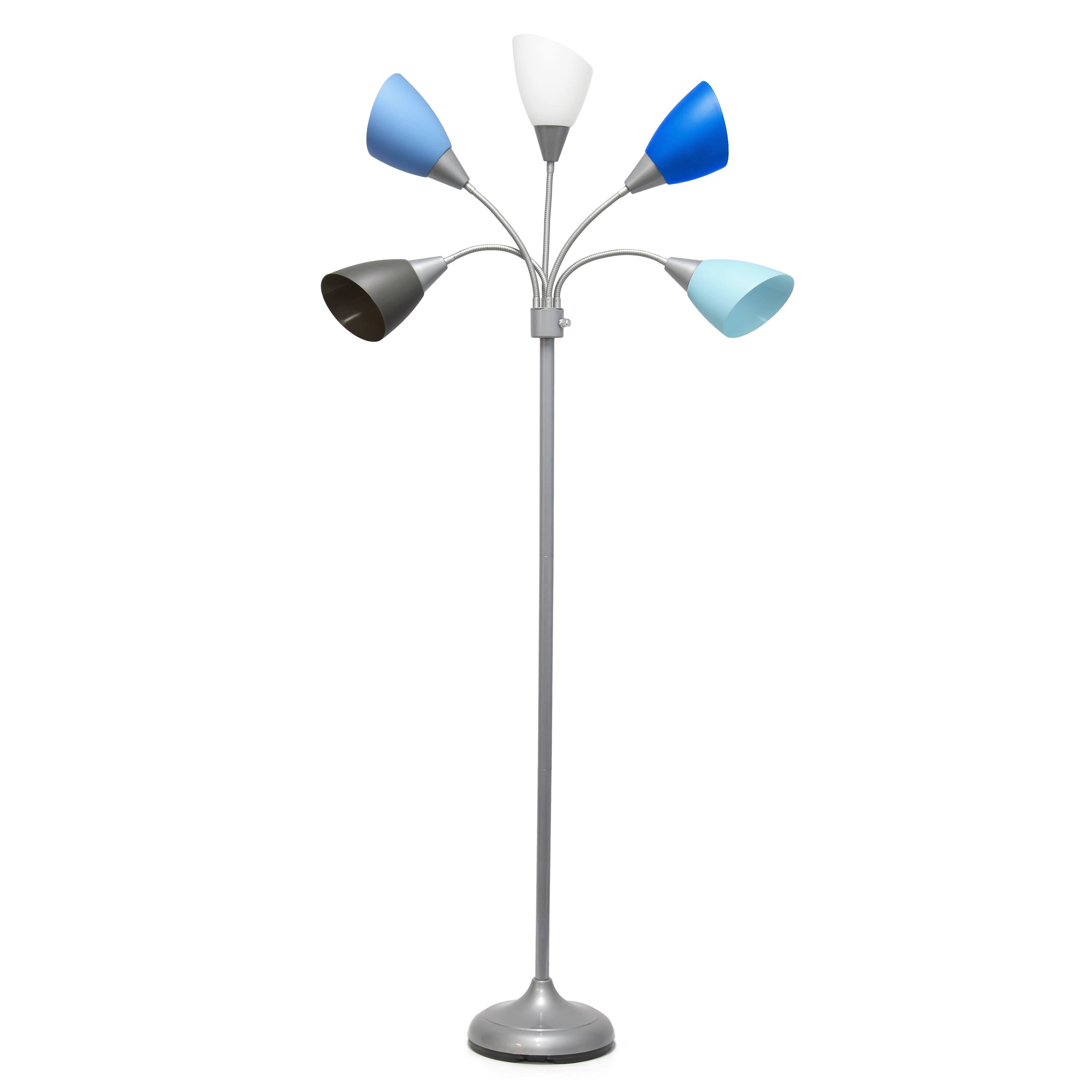 Front. Simple Designs - Simple Designs 5 Light Adjustable Gooseneck Floor Lamp - Silver/Blue Shades.