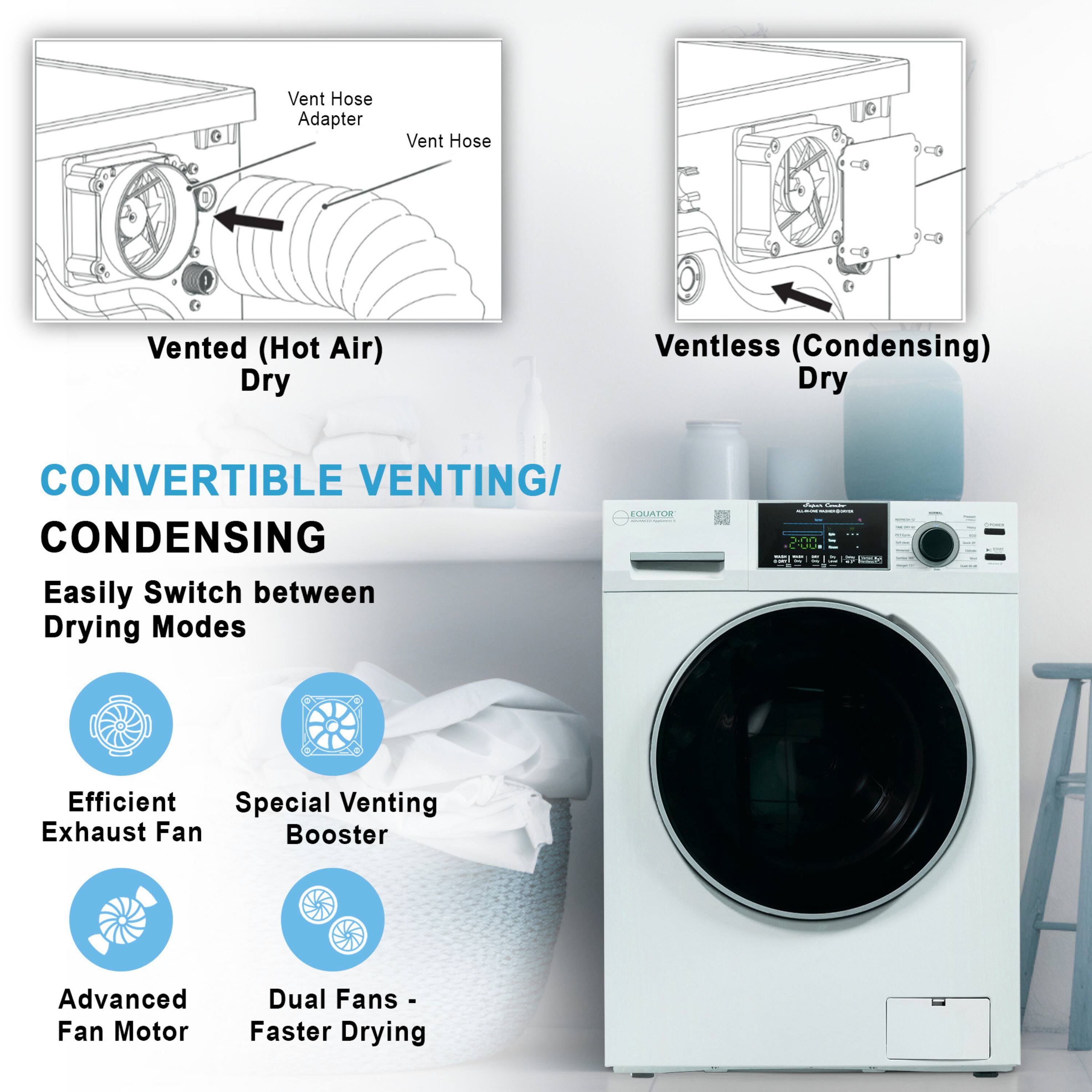 Vent Hose Adapter  
Vent Hose  

Vented (Hot Air) Dry  
Ventless (Condensing) Dry  

CONVERTIBLE VENTING/CONDENSING  
Easily Switch between Drying Modes  

- Efficient Exhaust Fan  
- Special Venting Booster  
- Advanced Fan Motor  
- Dual Fans - Faster Drying