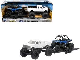 New Ray - Lifted Pickup Truck White and Polaris RZR XP Turbo Blue with Flatbed Trailer "Xtreme Off-Road" Series - White, Blue