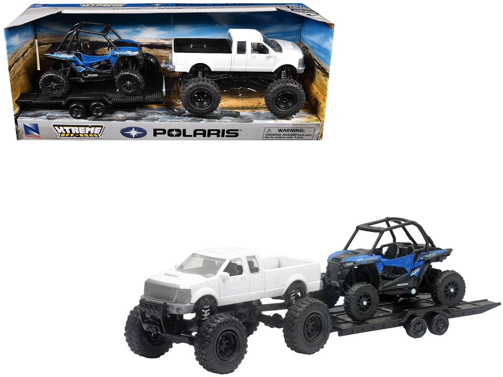 New Ray - Lifted Pickup Truck White and Polaris RZR XP Turbo Blue with Flatbed Trailer "Xtreme Off-Road" Series - White, Blue