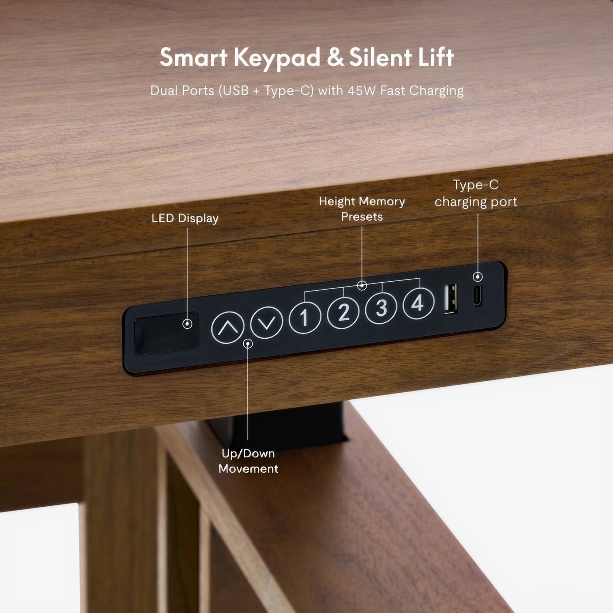 Smart Keypad & Silent Lift Dual Ports (USB + Type-C) with 45W Fast Charging LED Display Type-C Height Memory charging port Presets + 1 2 3 4 . Up/Down Movement