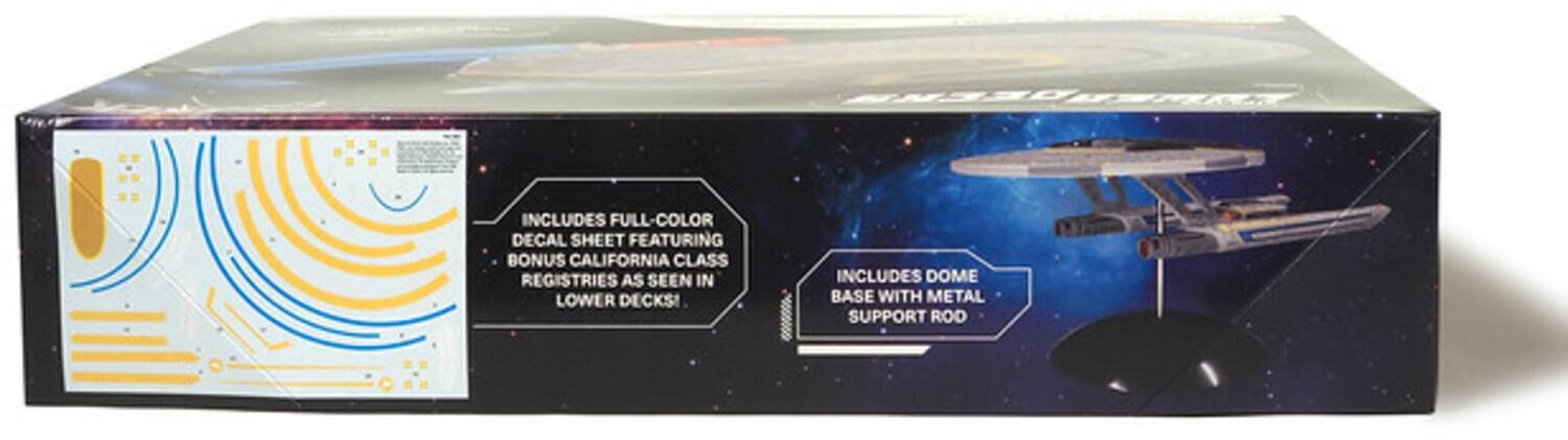 INCLUDES FULL-COLOR DECAL SHEET FEATURING BONUS CALIFORNIA CLASS REGISTRIES AS SEEN IN LOWER DECKS! INCLUDES DOME BASE WITH METAL SUPPORT ROD