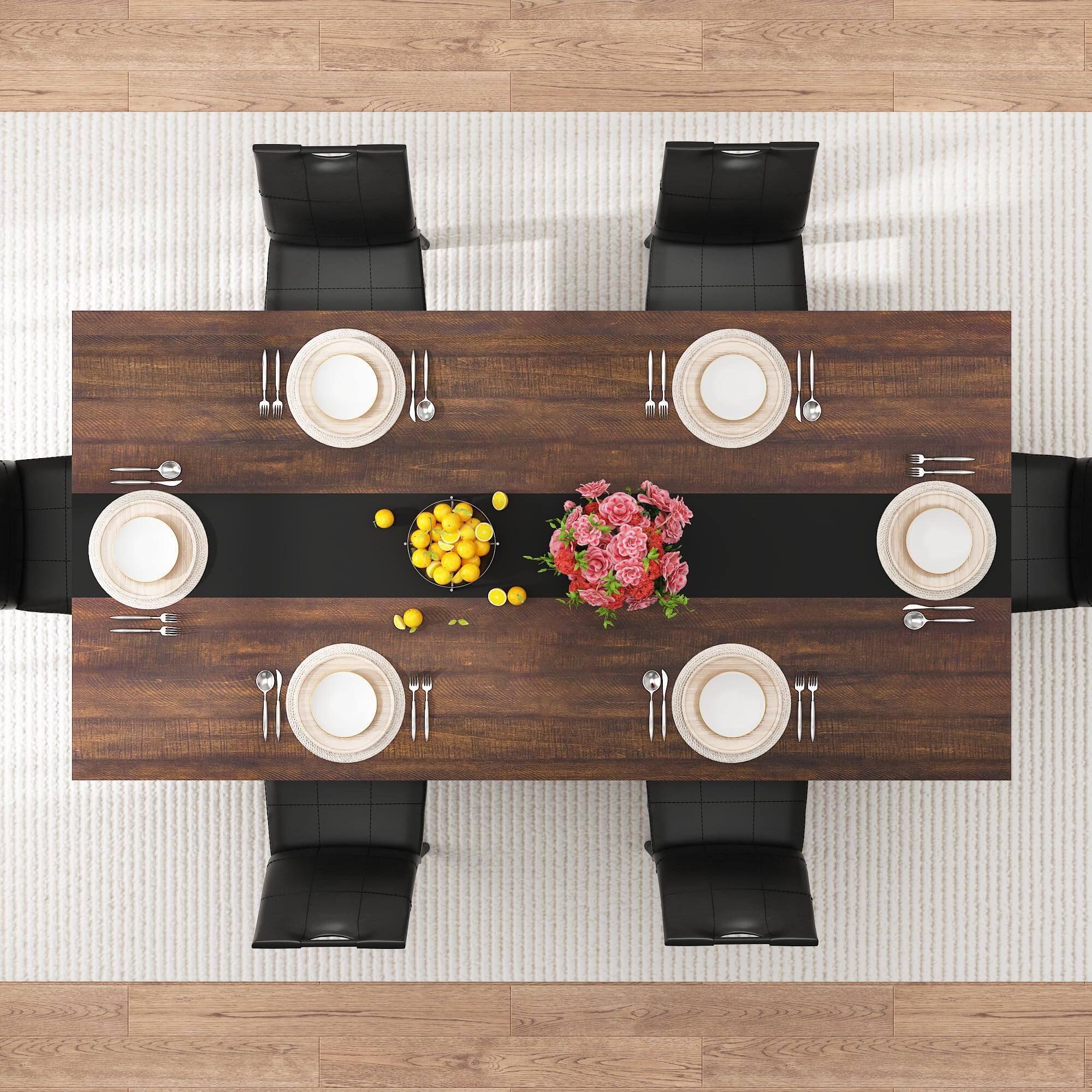 Left. Lent Glitter Wood - 71" Dining Table & 6 Chairs, Waterproof Top & Metal Frame, for 4-6 People - Brown.