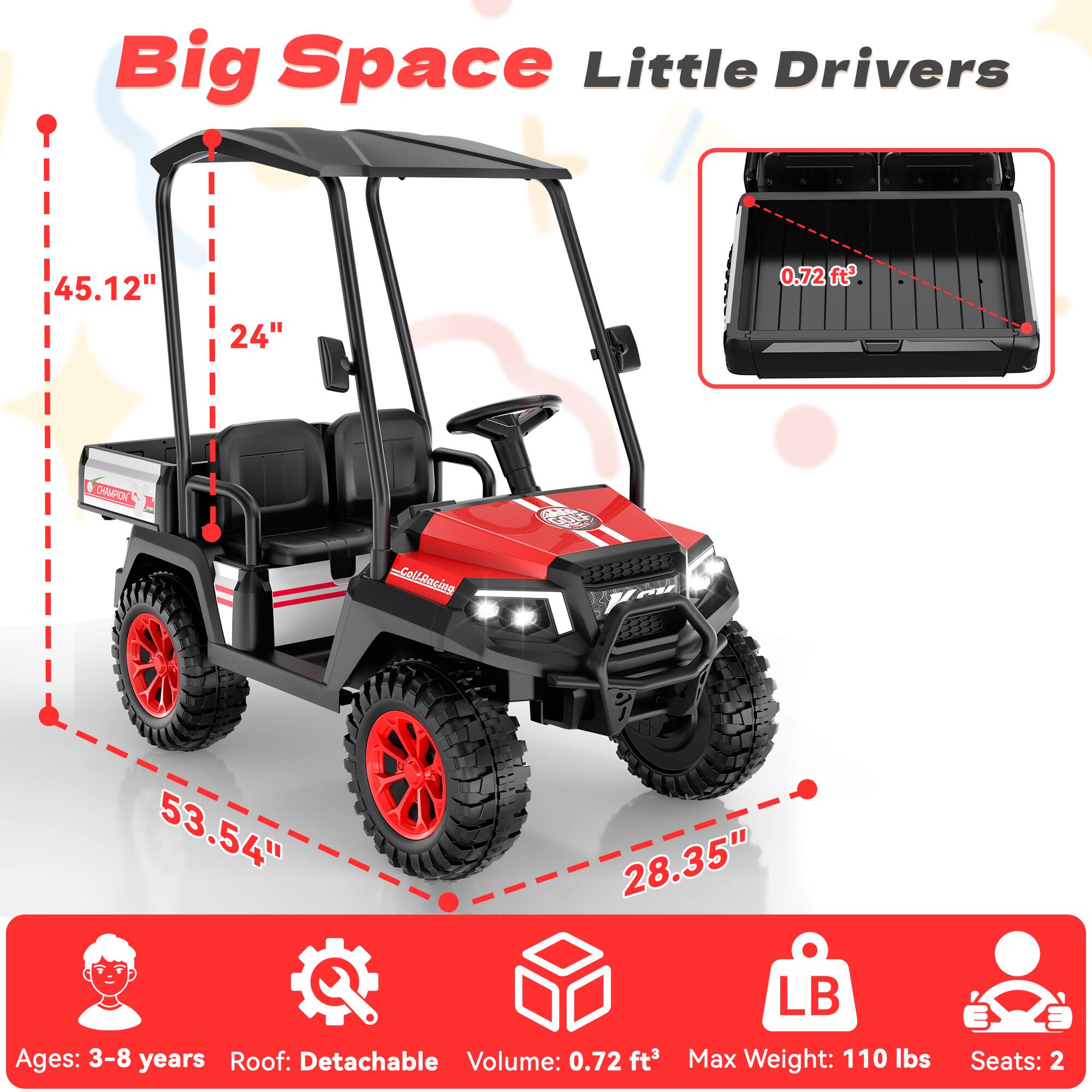 Big Space Little Drivers

45.12"
24"
0.72 ft³

CHAMPION
_ColtRacing

53.54"
28.35" LB

Ages: 3-8 years
Roof: Detachable
Volume: 0.72 ft³
Max Weight: 110 lbs
Seats: 2