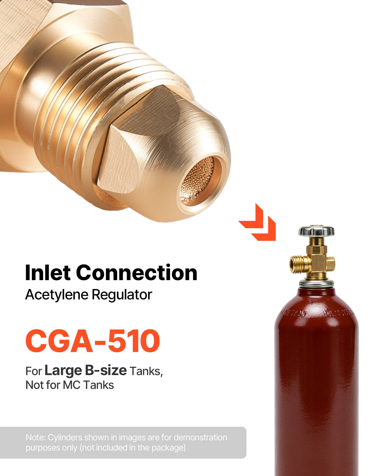 Inlet Connection Acetylene Regulator CGA-510 For Large B-size Tanks, Not for MC Tanks

Note: Cylinders shown in images are for demonstration purposes only (not included in the package)