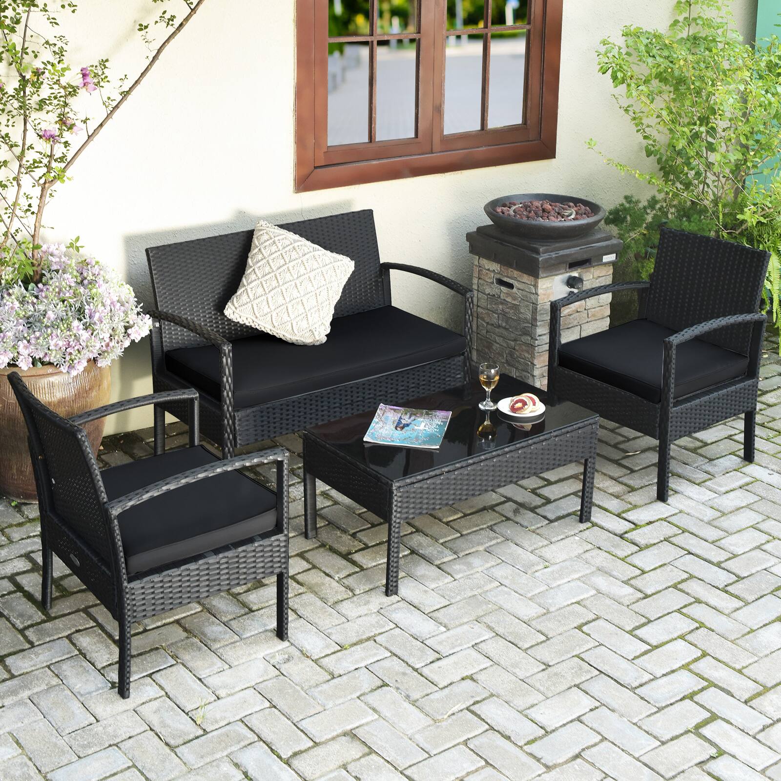 Alt View 8. Gymax - Gymax Set Of 4 Outdoor Patio Rattan Furniture Set Cushioned Sofa Coffee Table Garden Deck - Black.