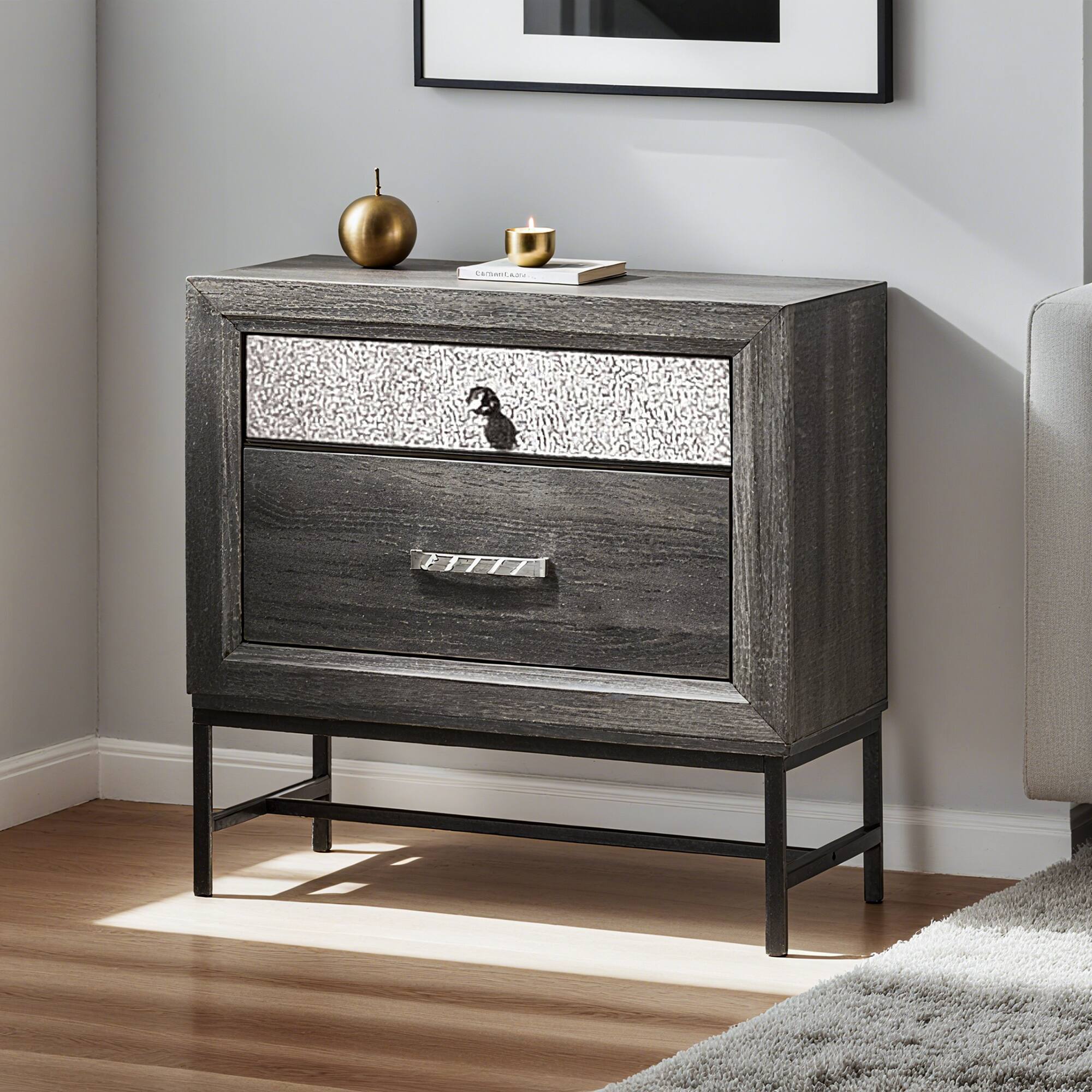 Left. Vaczon - Modern Metal-Frame Nightstand in Engineered Wood with Sparkling Acrylic Drawer Handles - Gray.