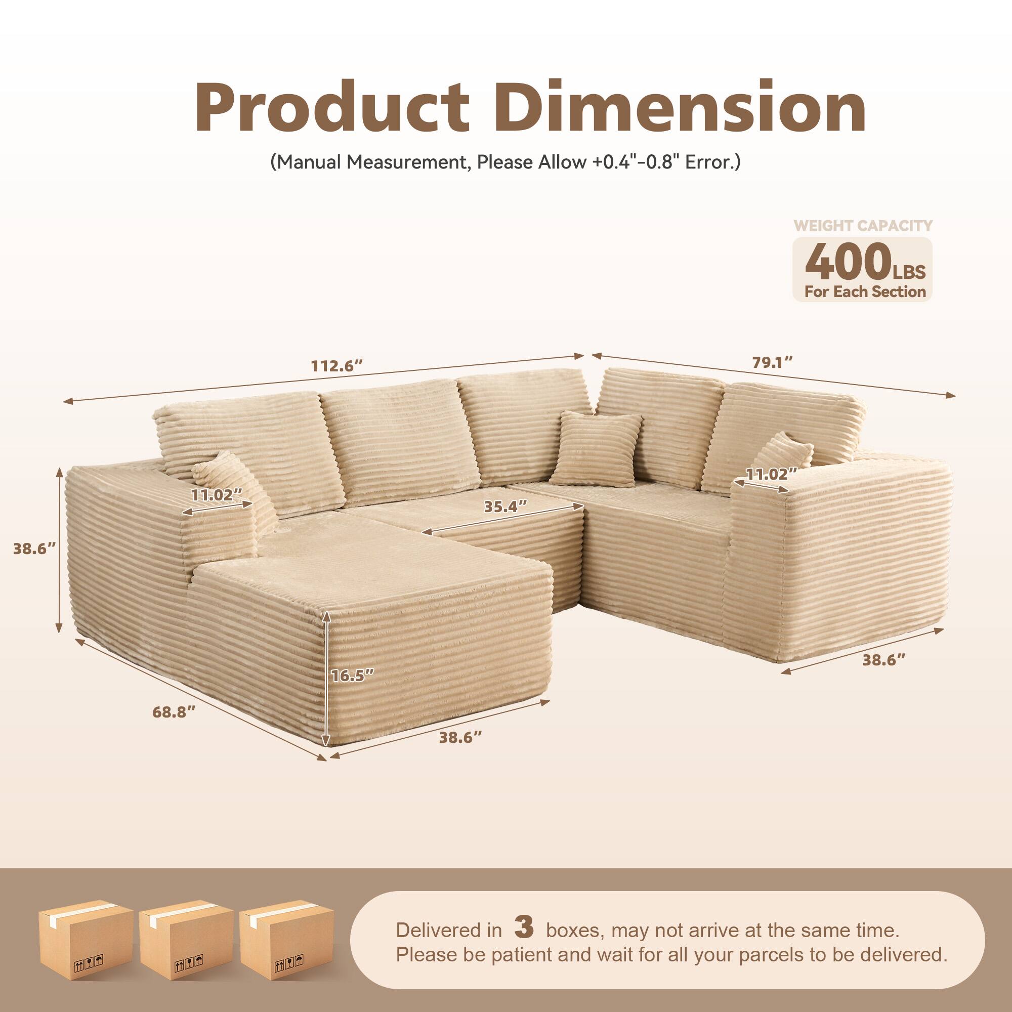 Ovios - 110" Modular Sectional Sofa, U Shaped Cloud Couch with Chaise Lounge for Living Room - Beige(K11) - Thumbnail 3