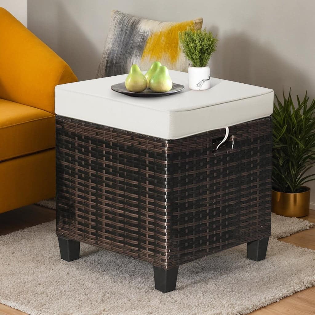 Kadyn - 2 Pieces Patio Rattan Ottoman Set with Removable Cushions- All Weather Wicker Ottoman, Outdoor Patio Ottomans - Beige