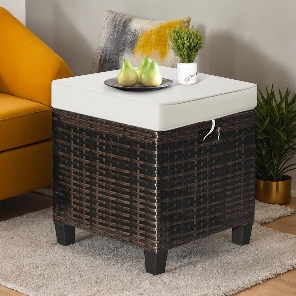 Front. Kadyn - 2 Pieces Patio Rattan Ottoman Set with Removable Cushions-Beige, All Weather Wicker Ottoman, Outdoor Patio Ottomans - Beige.