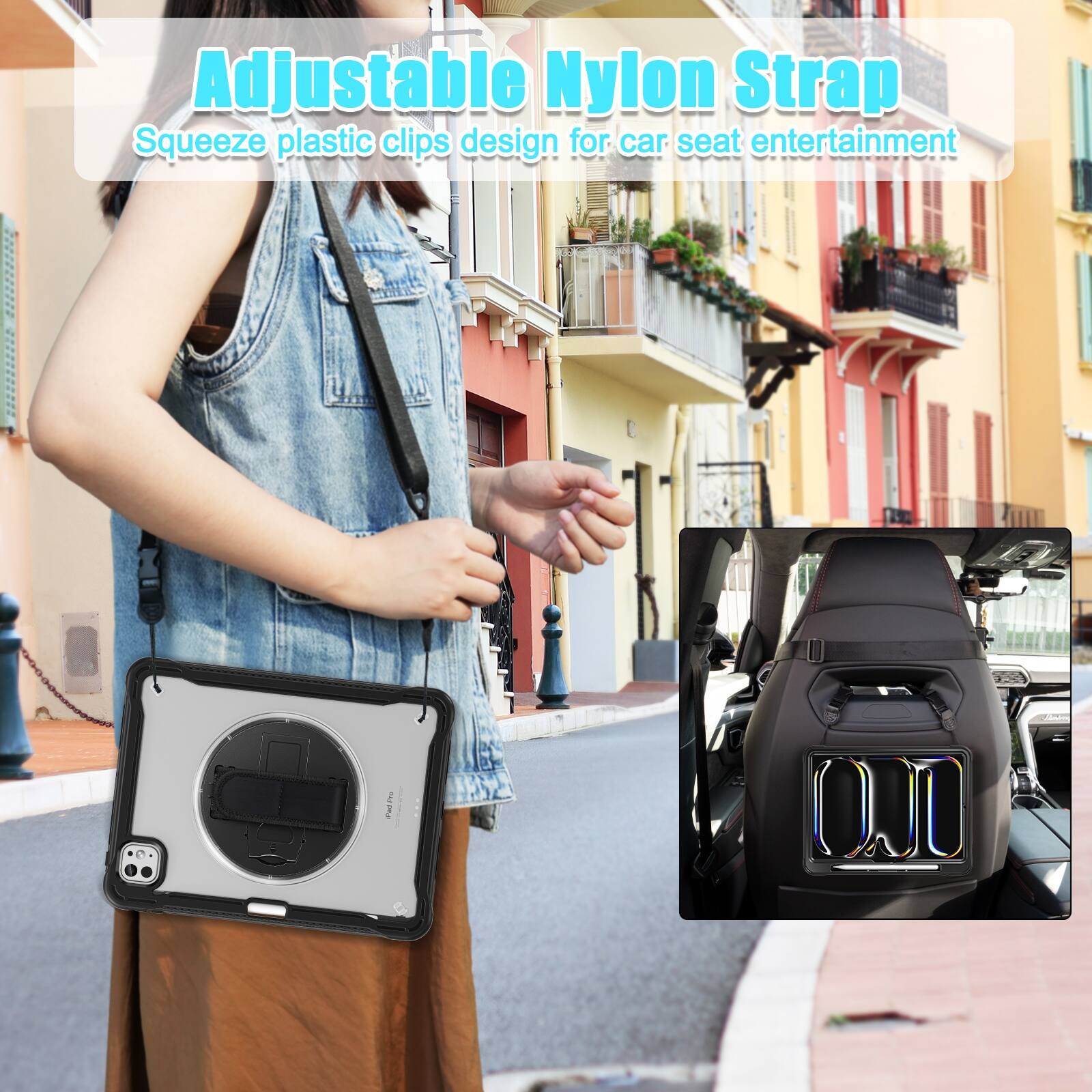 Adjustable Nylon Strap  
Squeeze plastic clips design for car seat entertainment
