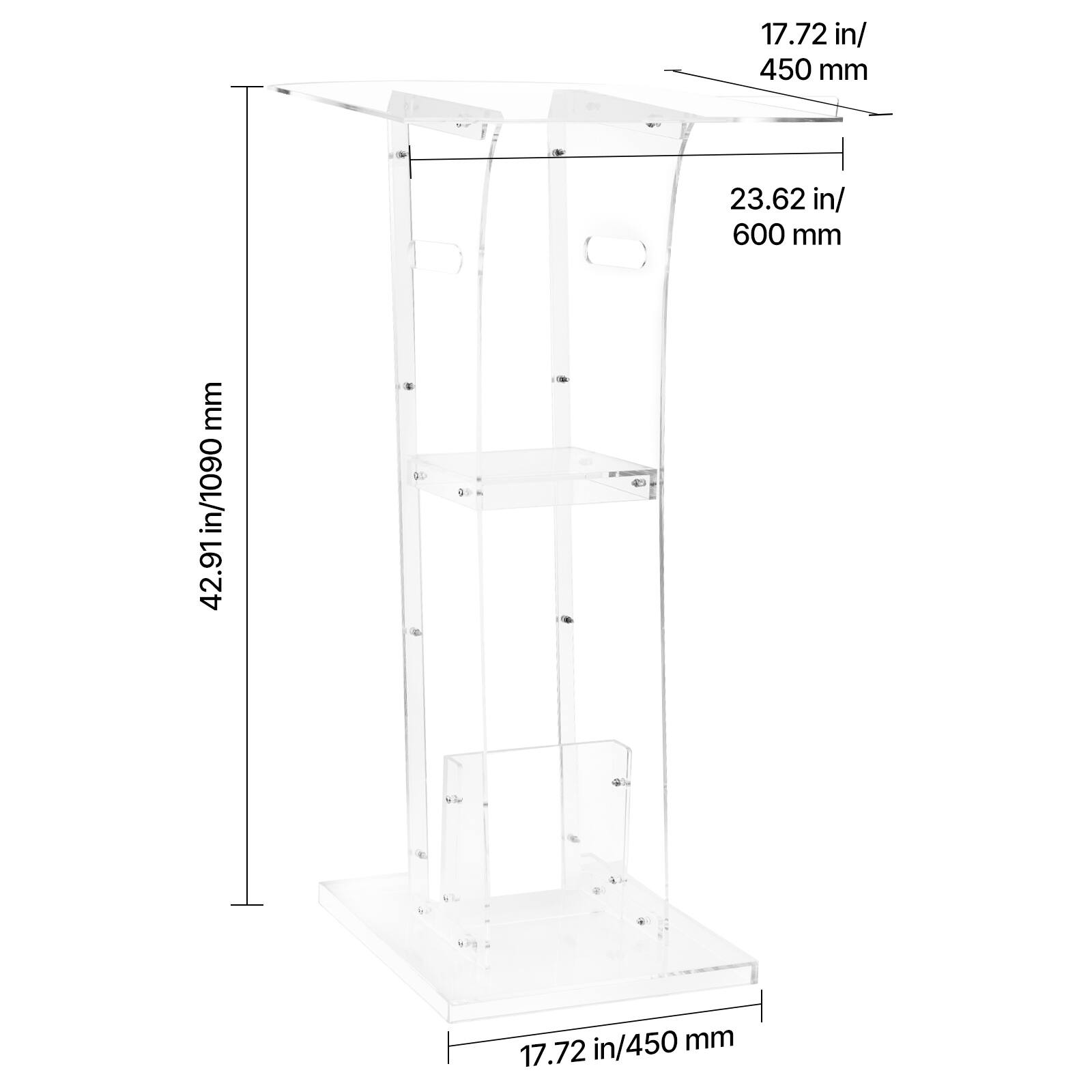 17.72 in/ 450 mm  
23.62 in/ 600 mm  
42.91 in/ 1090 mm  
17.72 in/ 450 mm