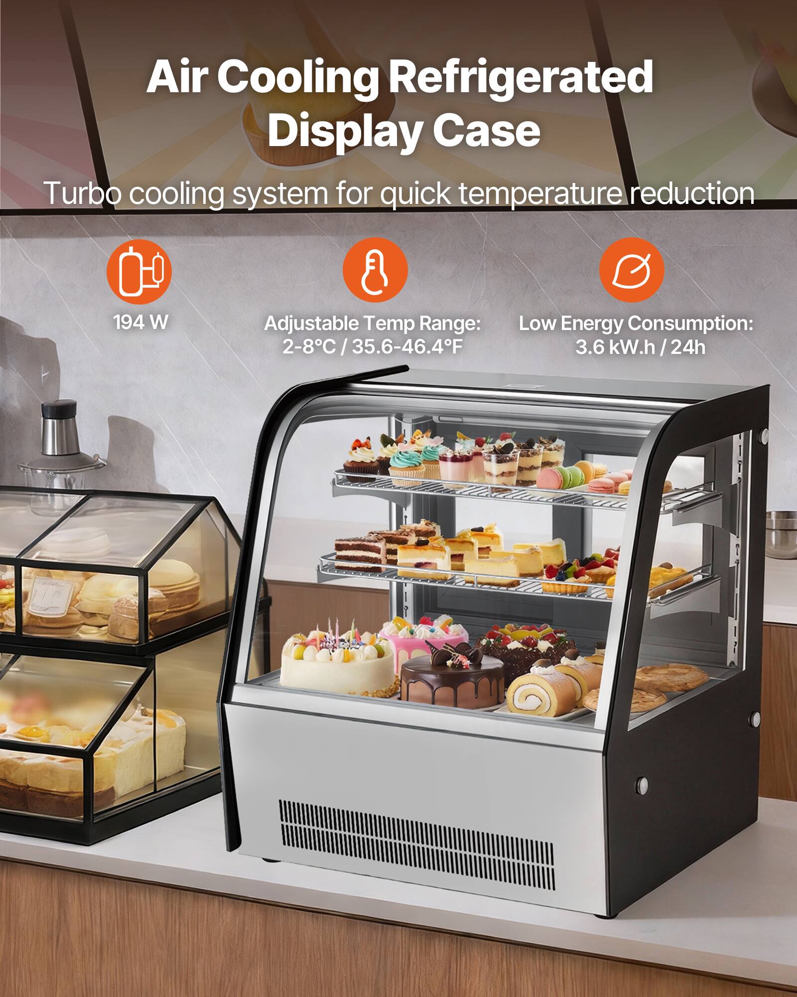 Air Cooling Refrigerated Display Case  
Turbo cooling system for quick temperature reduction  

- 194 W  
- Adjustable Temp Range: 2-8°C / 35.6-46.4°F  
- Low Energy Consumption: 3.6 kW.h / 24h