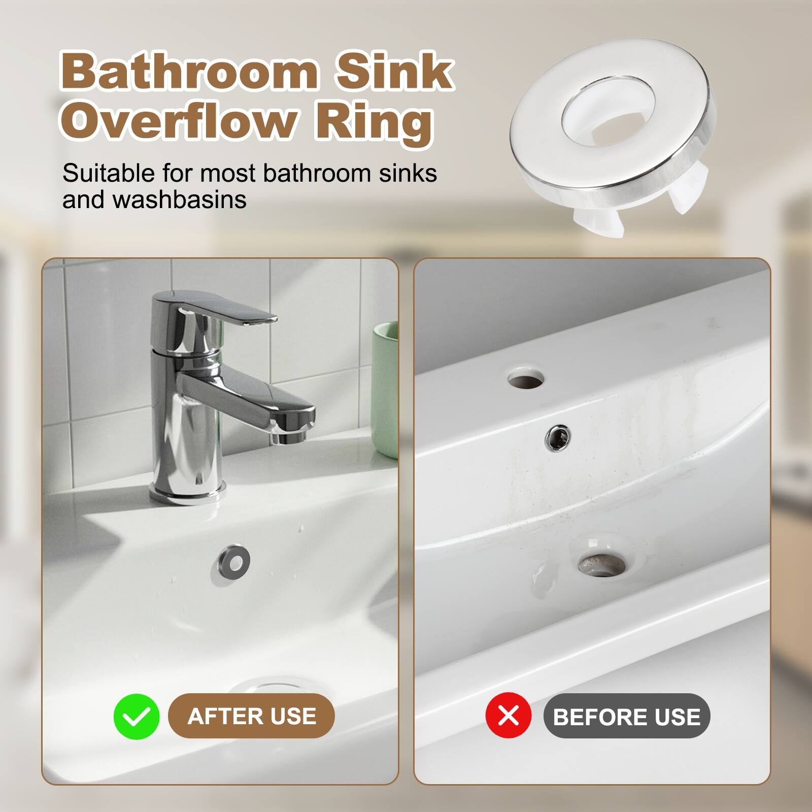 Bathroom Sink Overflow Ring

Suitable for most bathroom sinks and washbasins

AFTER USE

BEFORE USE