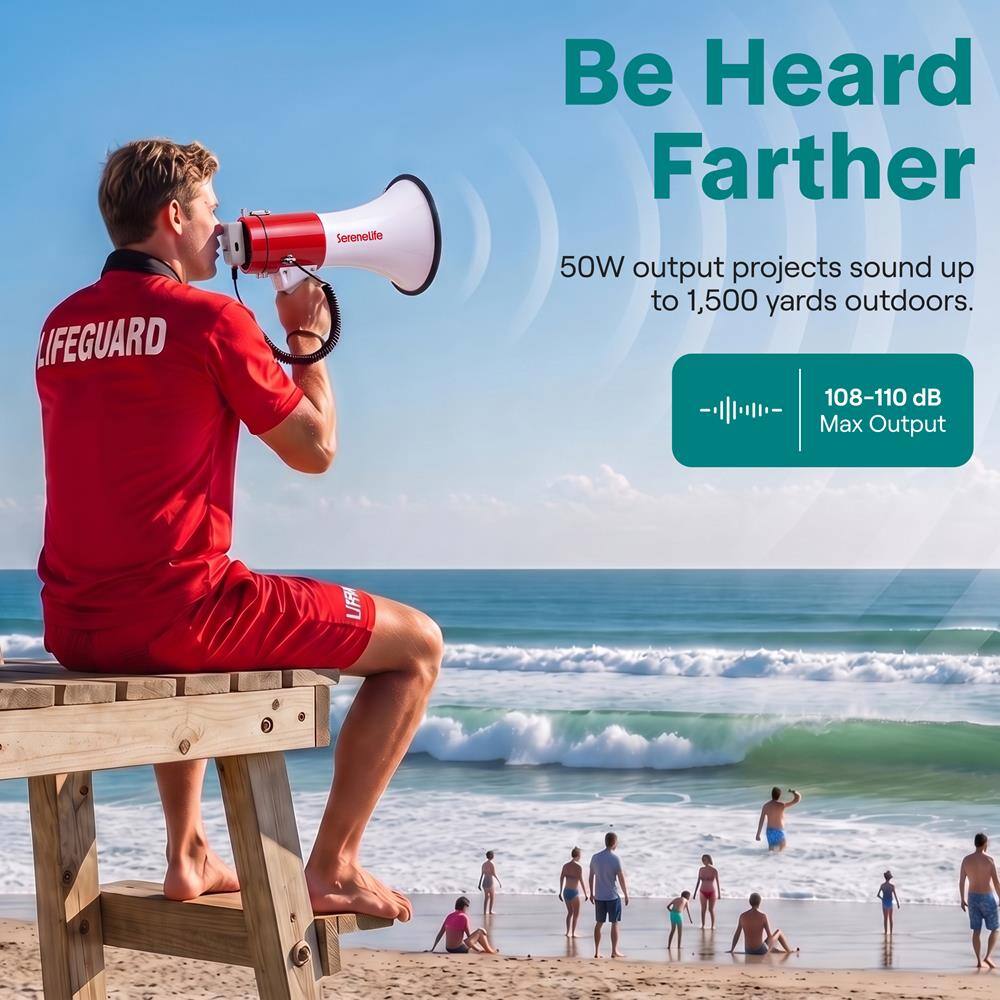 SereneLife 50W Rechargeable Megaphone Speaker with Siren, Music Mode ...