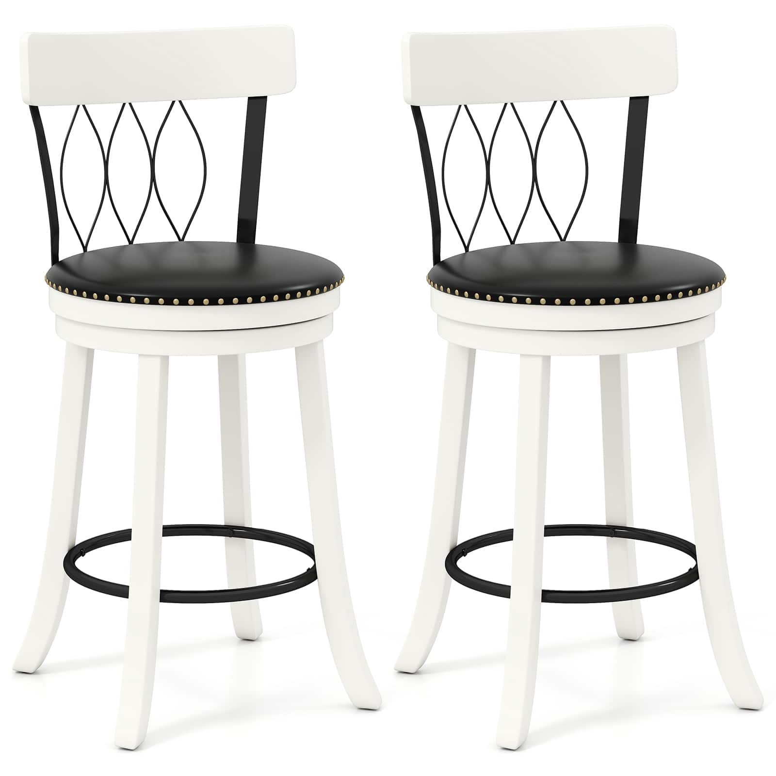 Gymax - 26'' Set of 2 Bar Stools w/ Footrest Rubber Wood Frame & Tufted Rivets - Black