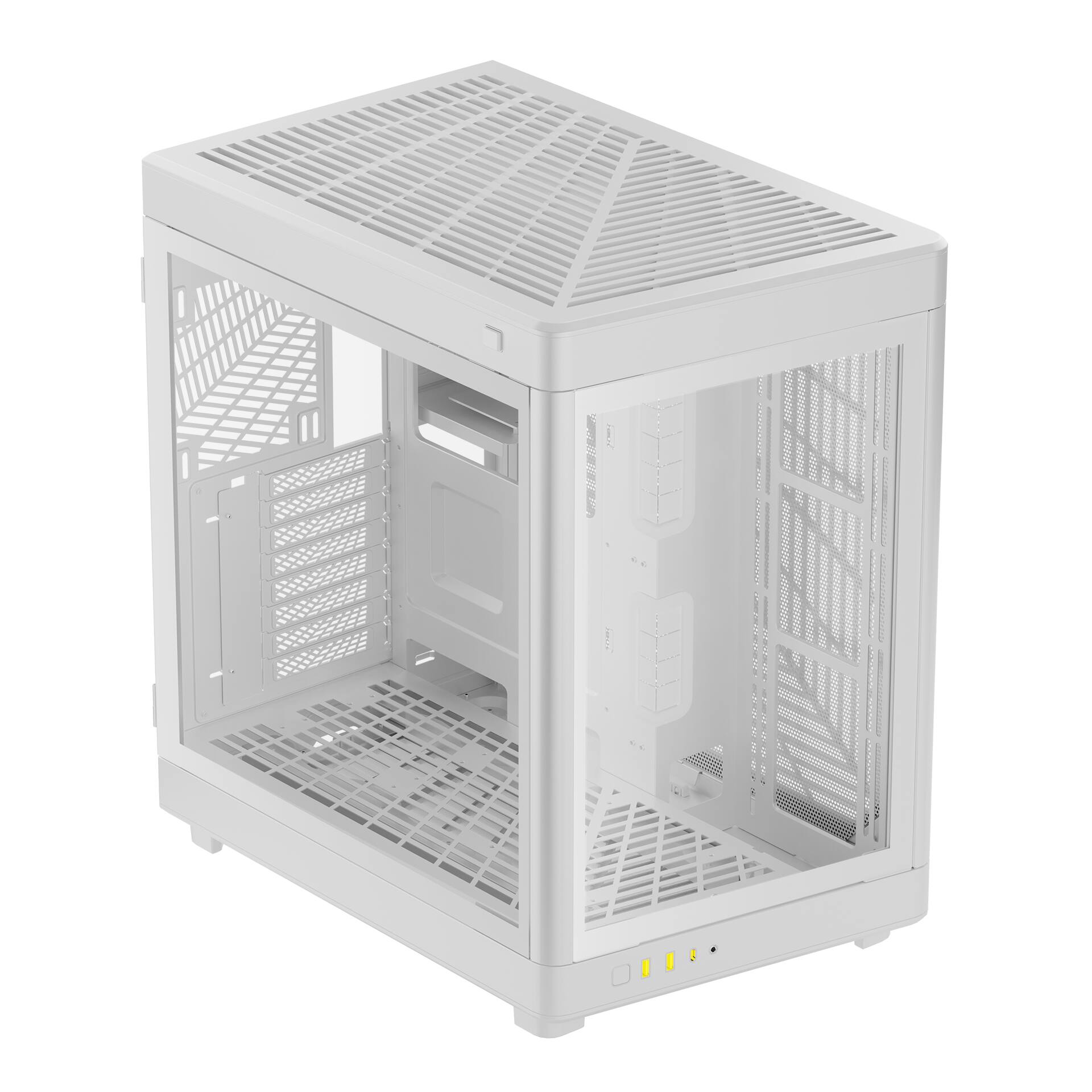 Left. GAMDIAS - NESO P1 White/White Dual Chamber ATX pc case trapezoidal, horizontal or vertical orientation, Fits GPU 426mm. - White.