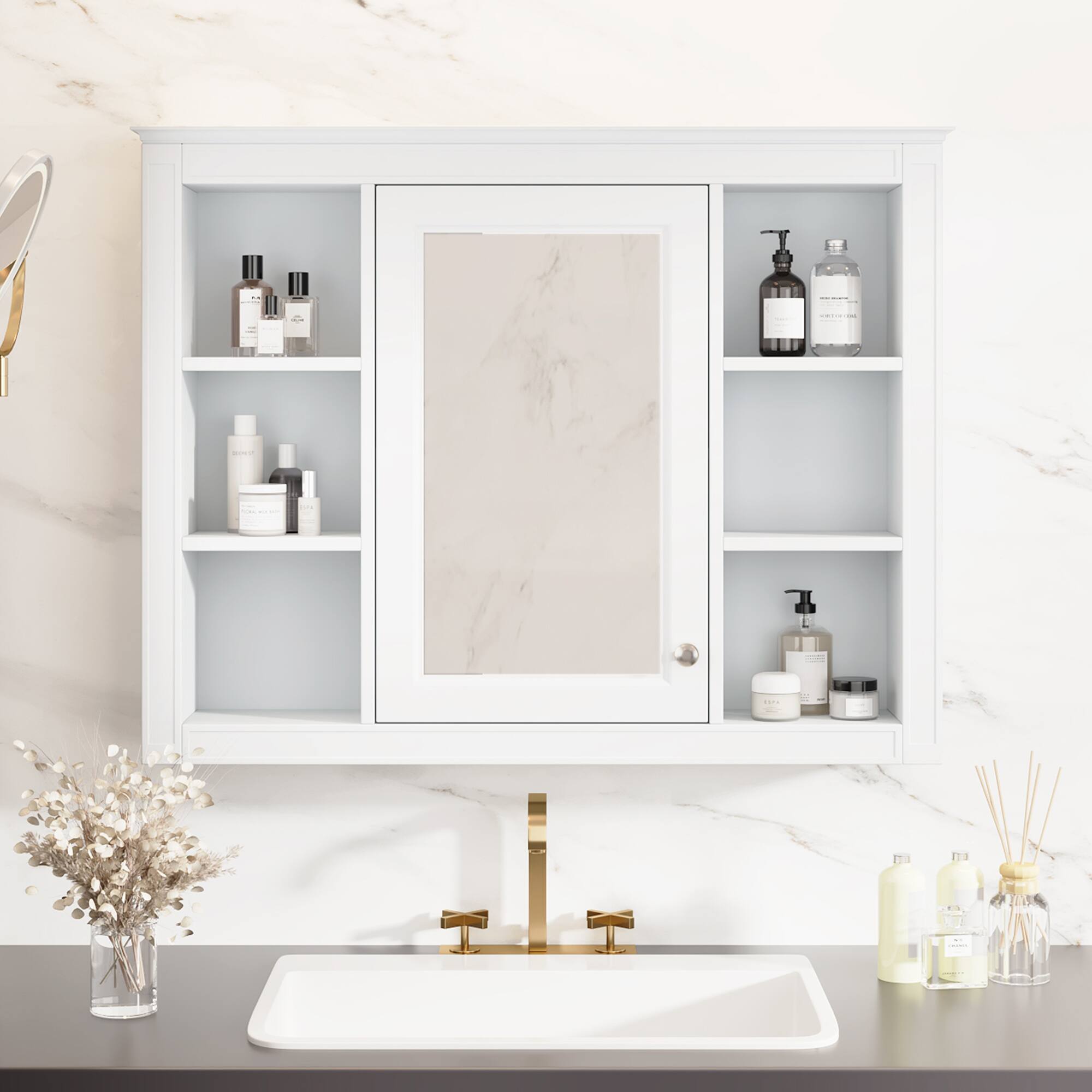 Alt View 9. Ecooso - 35x27.5in Wall Mounted Bathroom Cabinet with Mirror, Storage Organizer with Open Shelves - White.