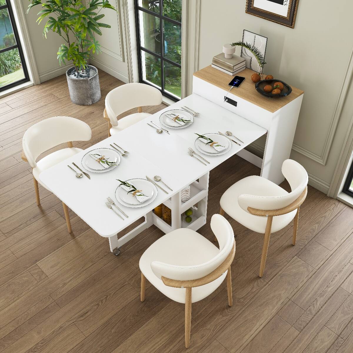Alt View 8. Loheer - Loheer 74 inch Expandable Dining Table, Folding Kitchen Island Table with Power Socket and Storage Cabinet - Natural Walnut and White.