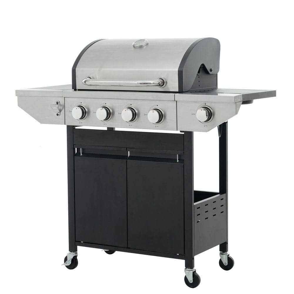 Resenkos - Propane Grill 4 Burner Barbecue Grill Stainless Steel Gas Grill with Side Burner, 46,500 BTU Outdoor Cooking, Silver