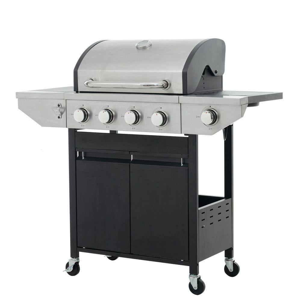 Front. Resenkos - Propane Grill 4 Burner Barbecue Grill Stainless Steel Gas Grill with Side Burner, 46,500 BTU Outdoor Cooking, Silver.