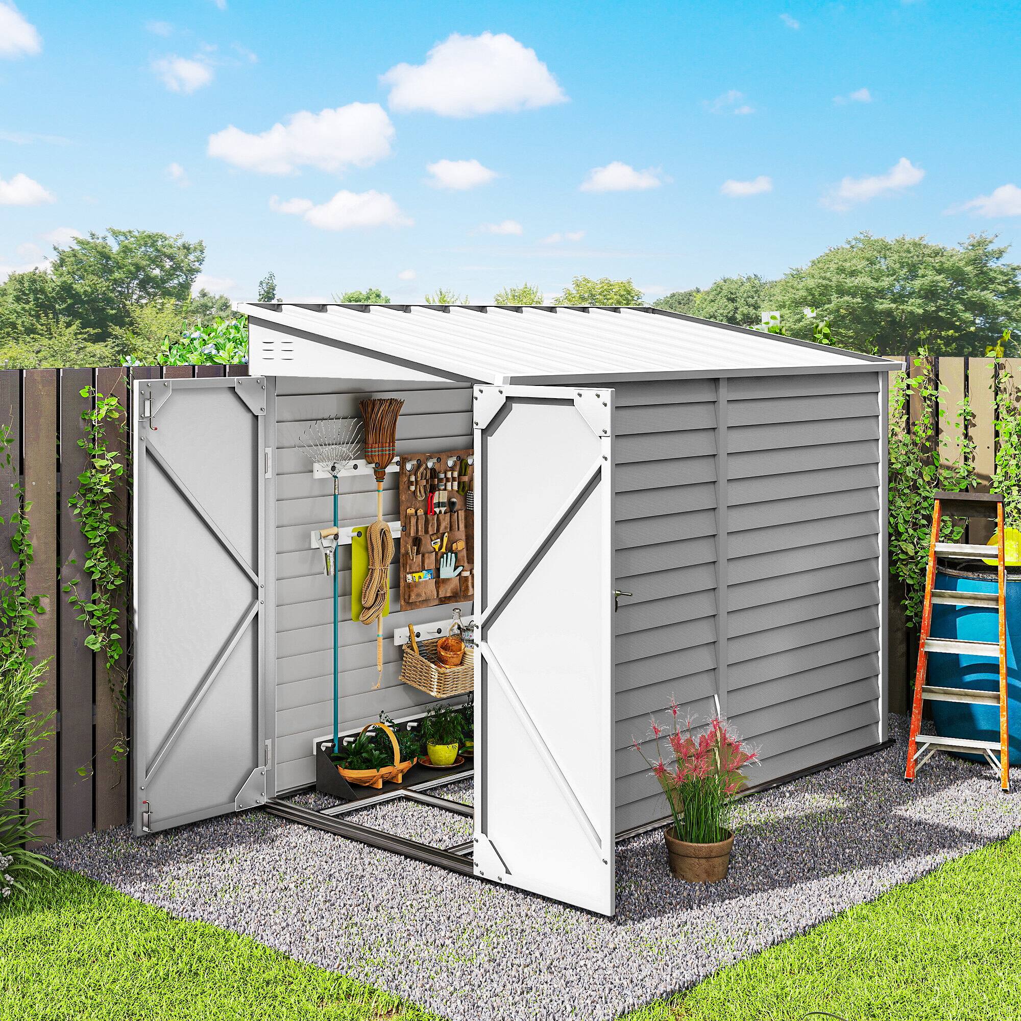Alt View 1. Outsunny - x 9' Outdoor Storage Shed, Lean to Metal Shed with Foundation Kit, Lockable Doors and Gloves for Patio.