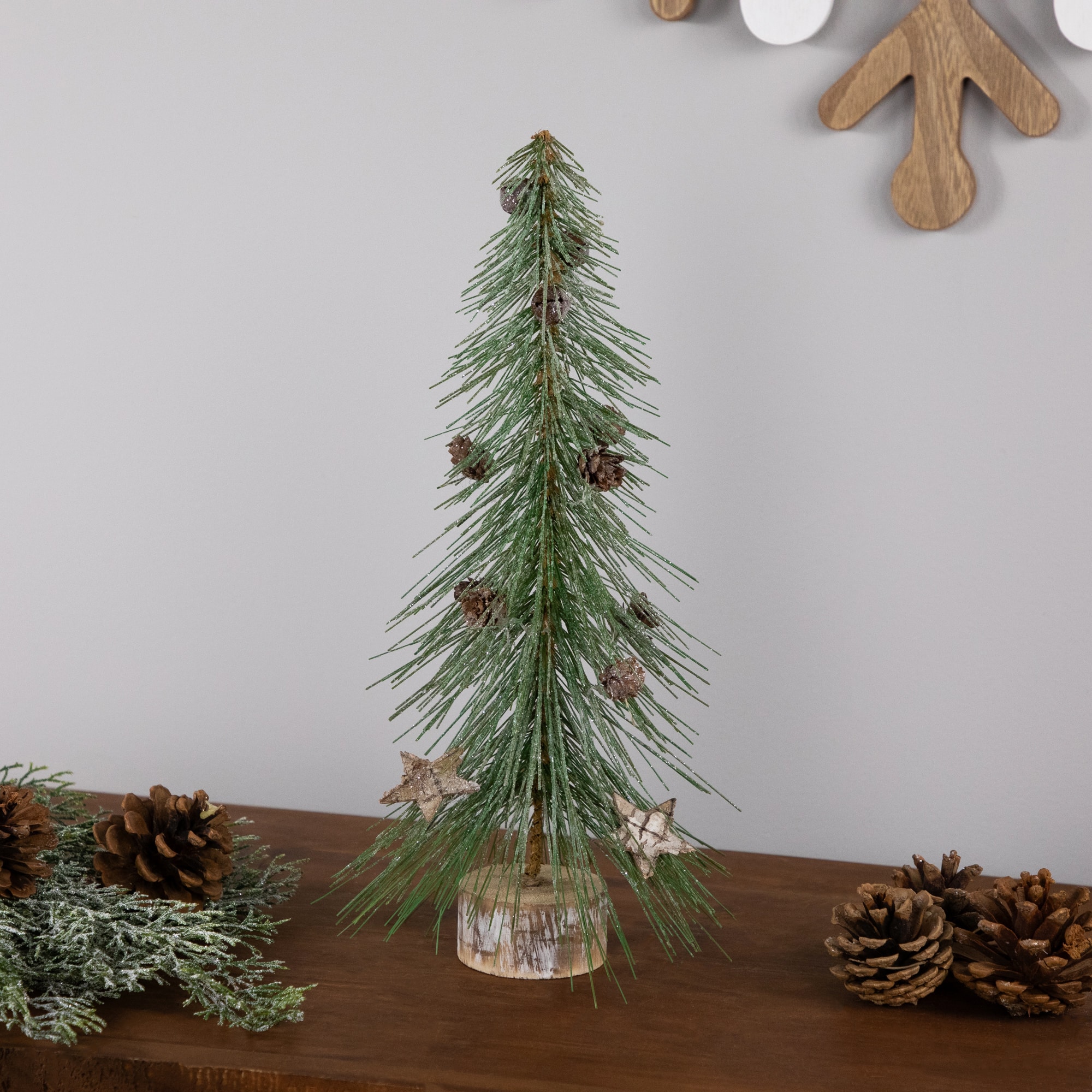 Northlight - Frosted Bottle Brush Tree on Wooden Base Christmas Decoration - 13" - Green