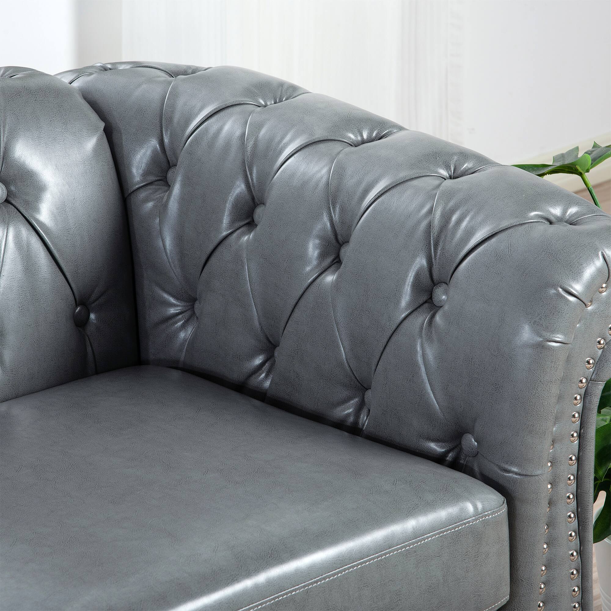 Angle. Anysun - 84" Faux Leather 3-Seat Chesterfield Sofa - Rolled Arm, Deep Seating, Button Tufted for Living Room & Office - Gray.