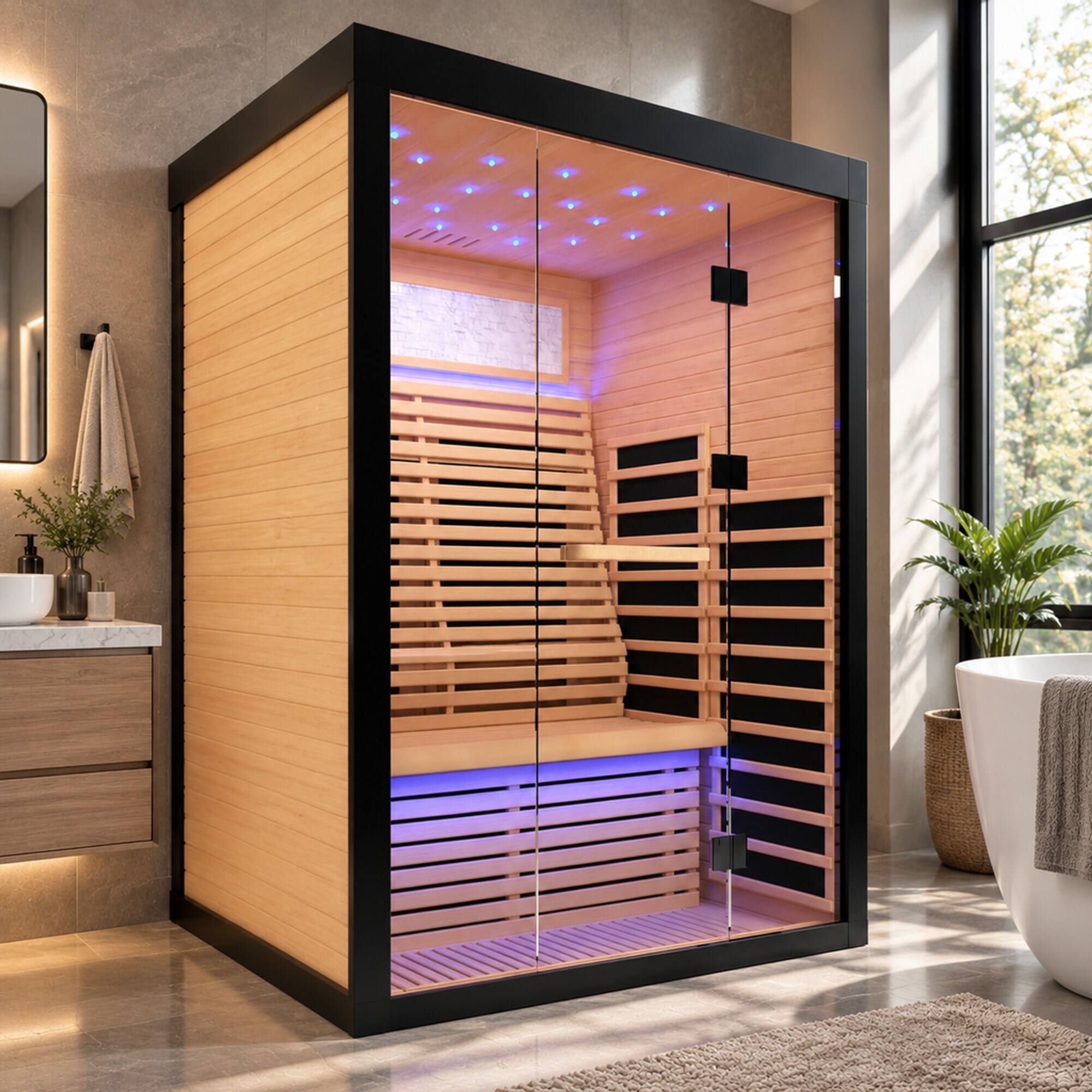 Back. RYHNUYNE - 2 Person Far Infrared Home Sauna, Canadian Hemlock Wood, 8 Heating Plates, 2160W, Starry Ceiling Lights, Indoor Spa - Black+Natural.