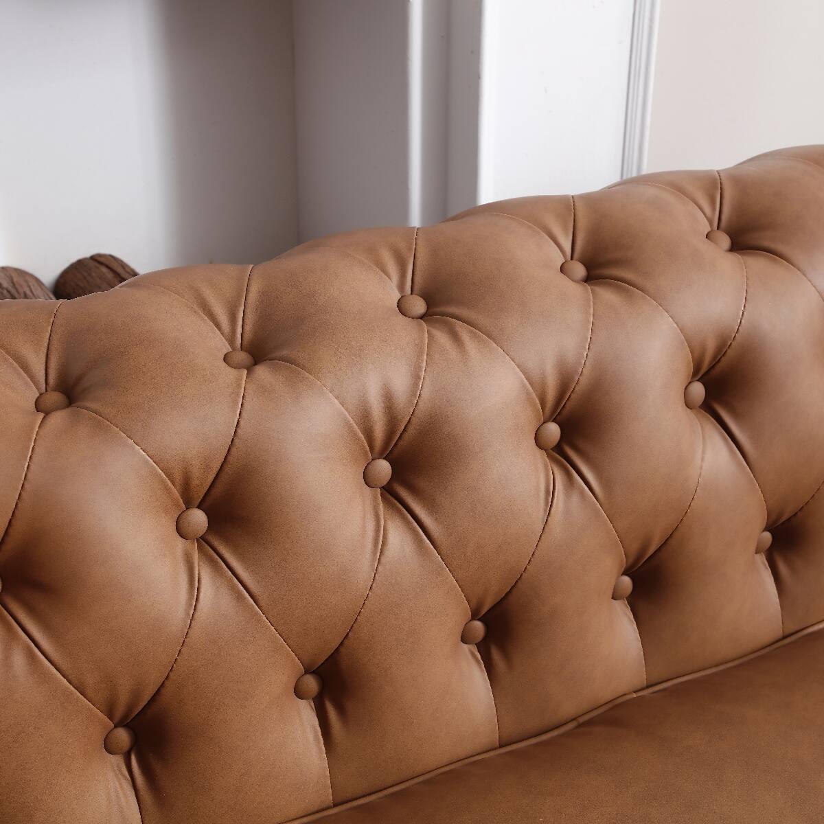 Alt View 4. Ropilly - Ropilly Brown Chesterfield Sofa Faux Leather Three Seat Living Room Couch - Brown.