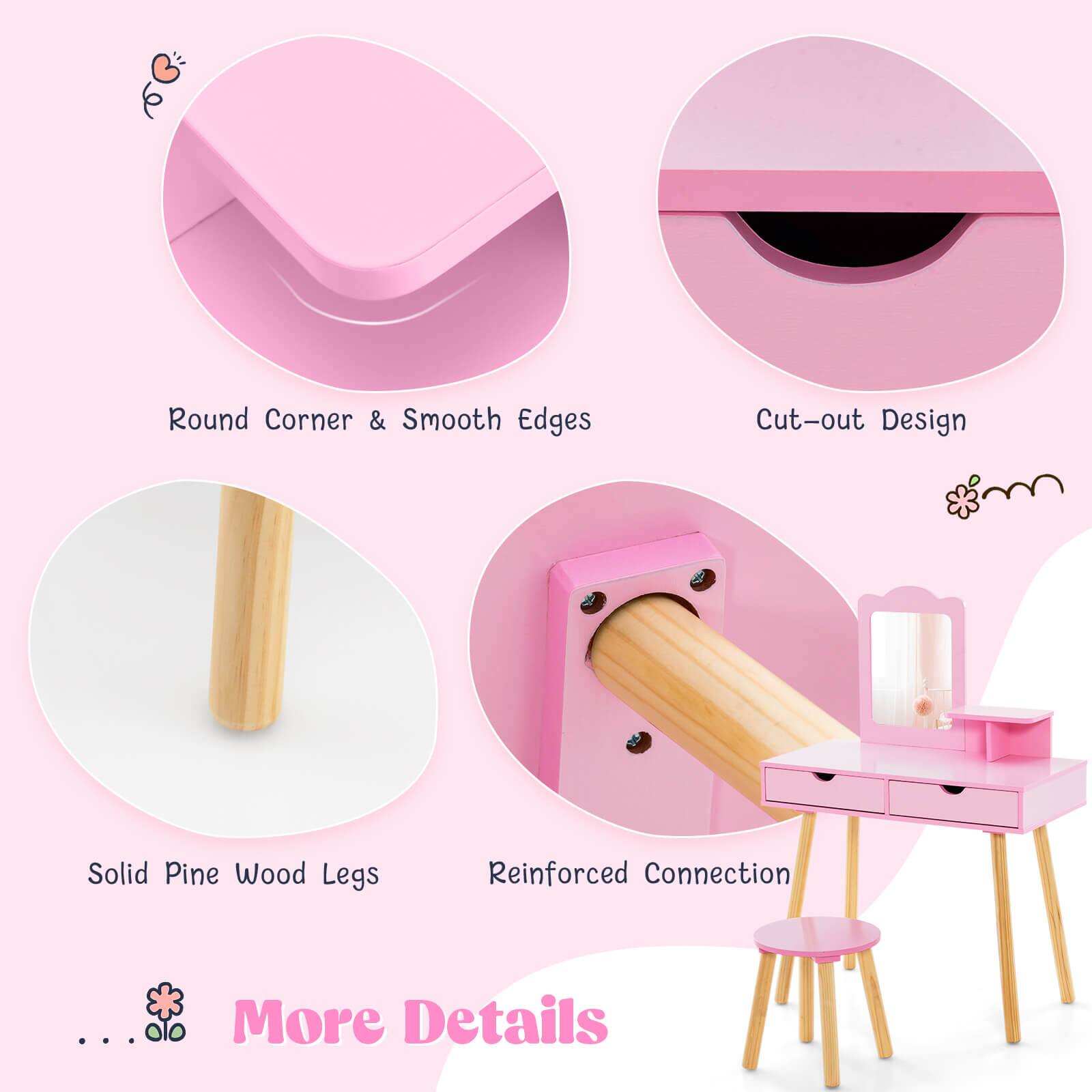 Here is the corrected and grouped text:

- Round Corner & Smooth Edges
- Cut-out Design
- Solid Pine Wood Legs
- Reinforced Connection
- More Details