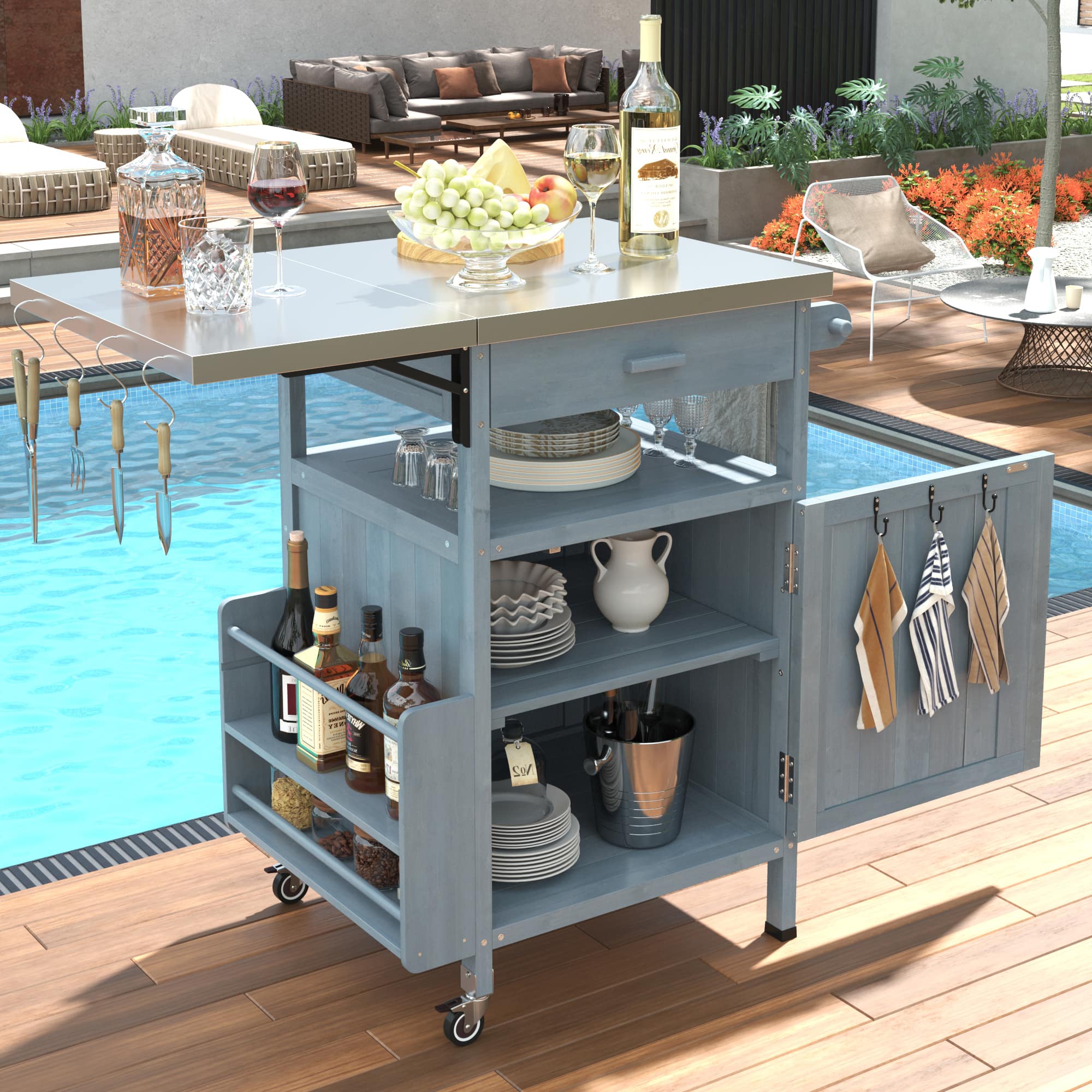 Chateau Abodes - 40.5" Outdoor Grill Cart with Stainless Steel Top, Solid Wood Storage, Drop Leaf, Drawer & Towel Rack, Lockable Wheels - Blue Grey