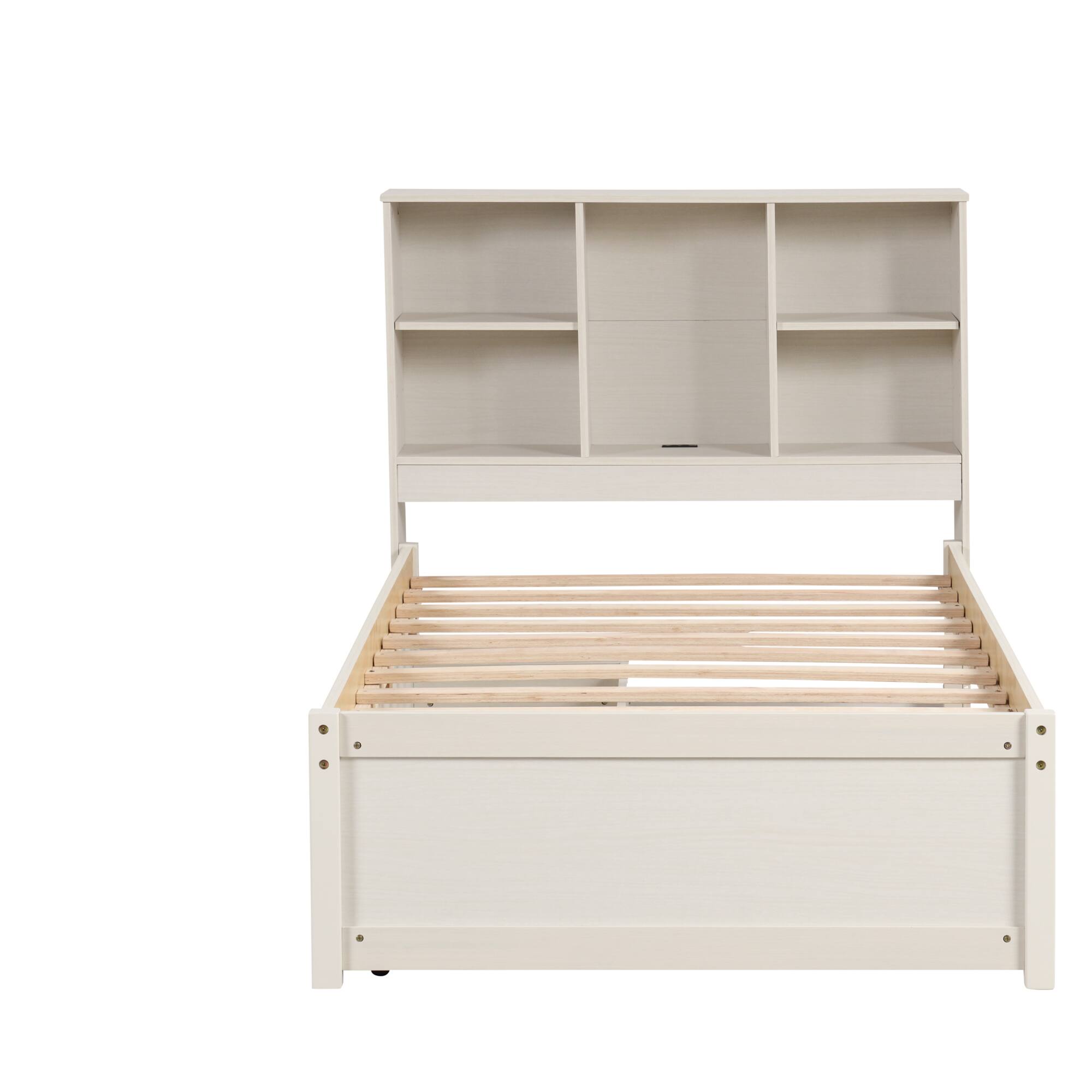 Alt View 4. GOODSILO - Contemporary Twin Size Bed Frame with USB Charging Port, Bookcase Headboard, and Underbed Storage Drawers - White Washed.