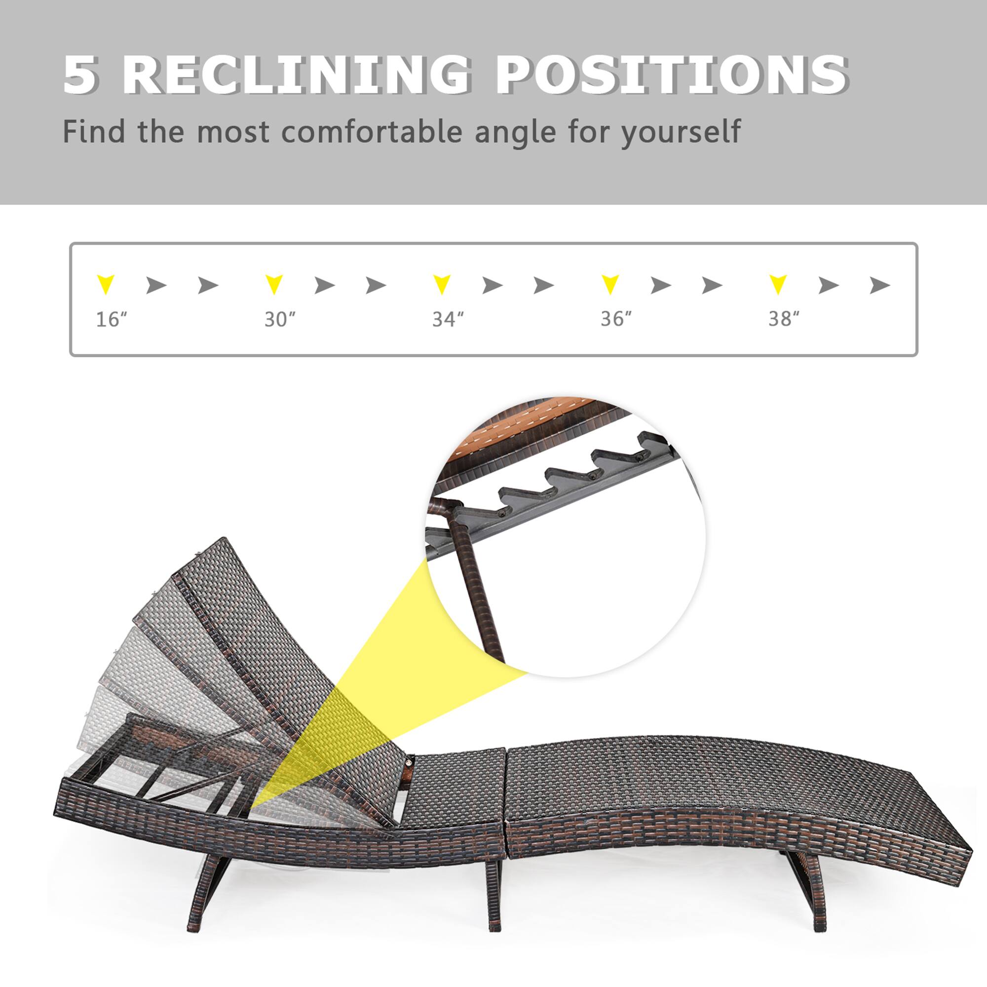 5 RECLINING POSITIONS
Find the most comfortable angle for yourself
16"
30"
34"
36"
38"