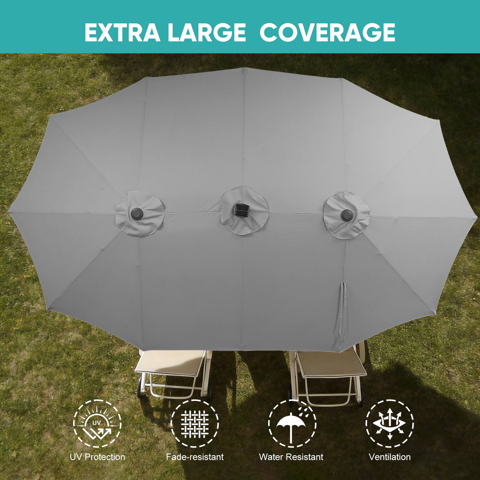 EXTRA LARGE COVERAGE

- UV Protection
- Fade-resistant
- Water Resistant
- Ventilation
