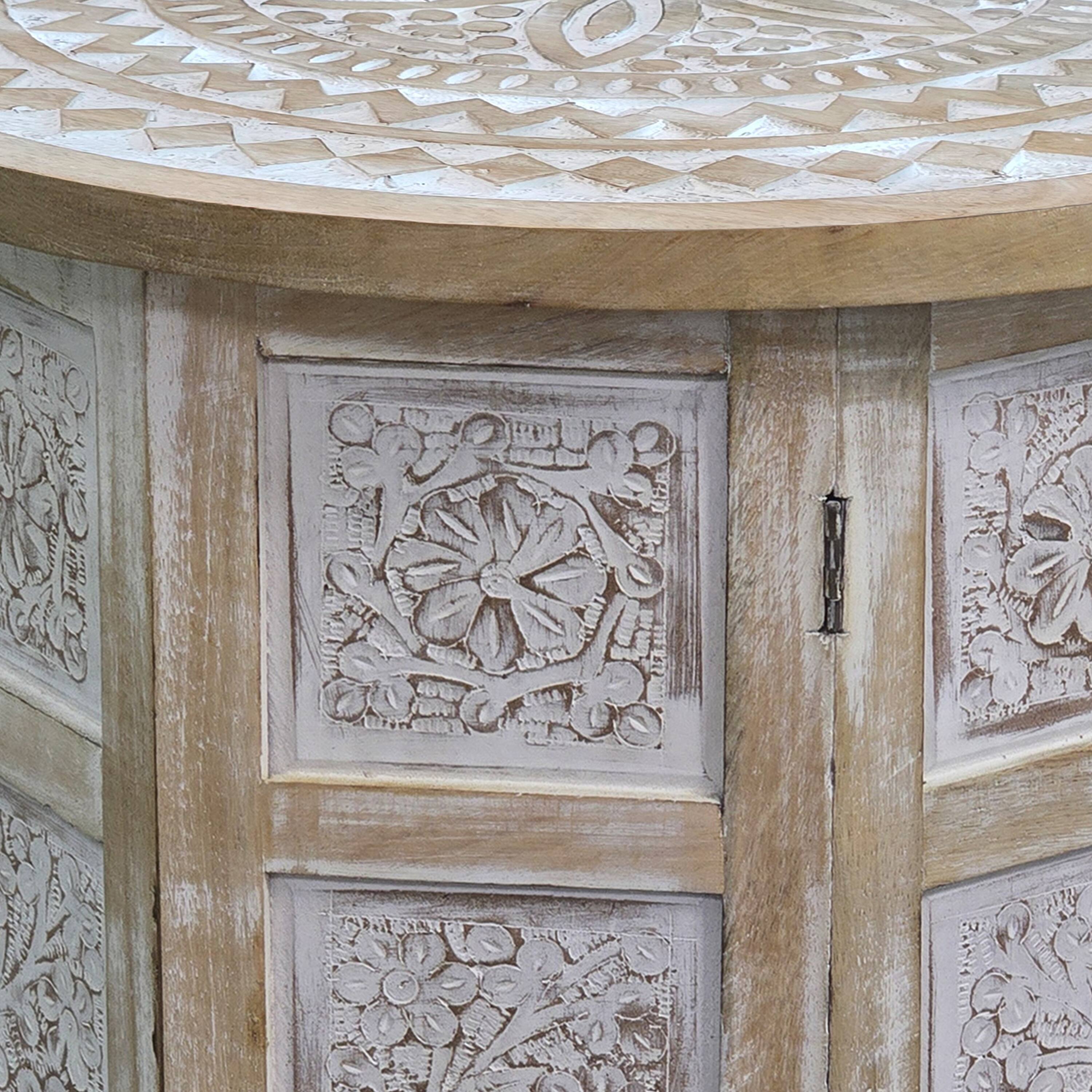 Left. Manhattan Lane - Accent Side Table, Mango Wood 18 Inch Round Top, Hand Carved Inlay Mandala Design - Washed White.