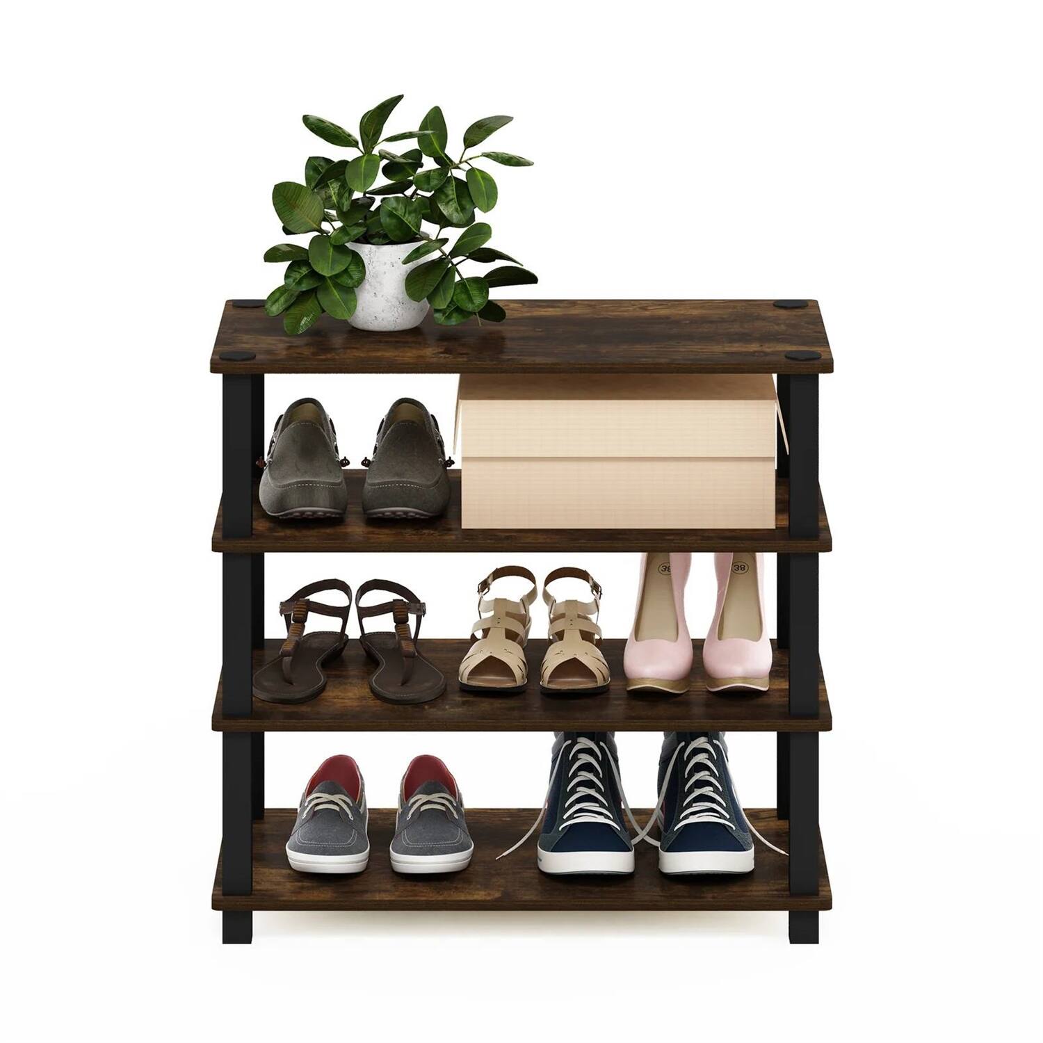 Angle. Hivvago - Stackable 4-Shelf Black Brown Wood Shoe Rack - Holds up to 12 Pair of Shoes - Black, Brown.
