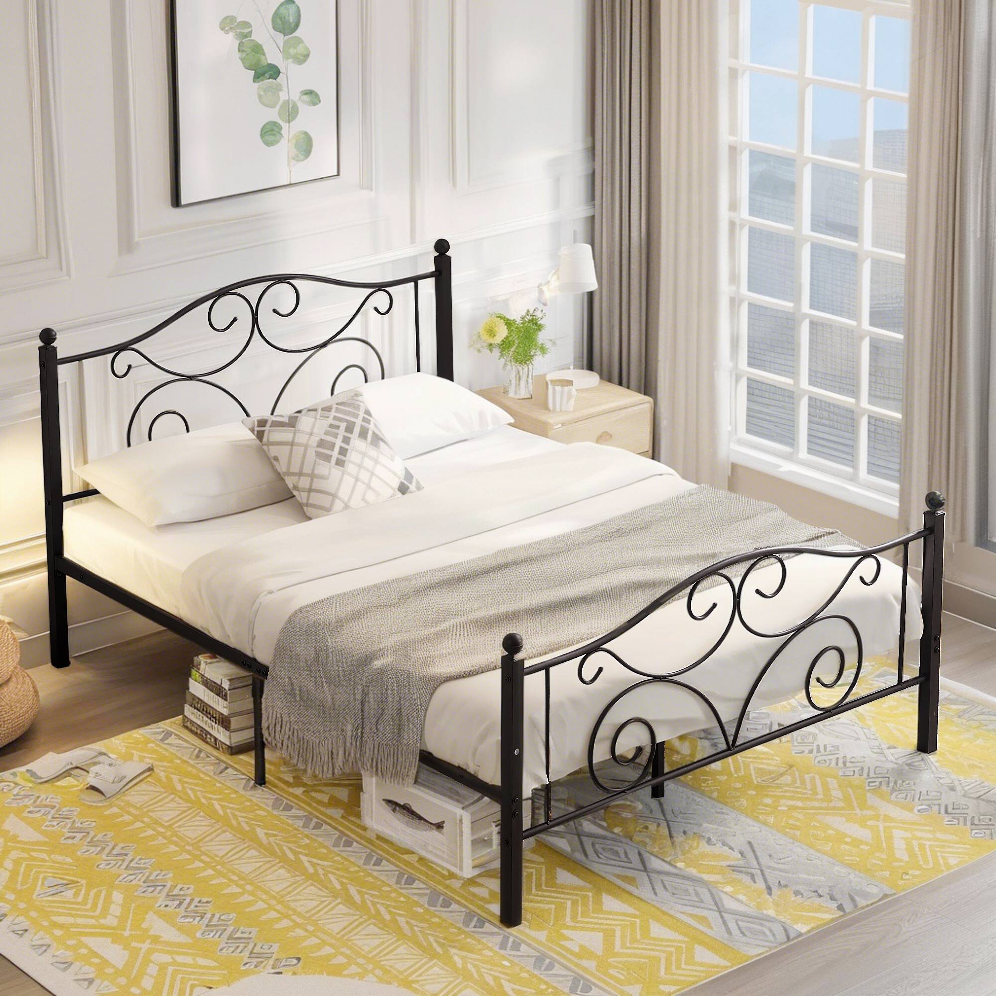 Alt View 1. Vecelo - Queen Bed Frame with Headboard & Footboard, Heavy Duty Steel Slats - No Box Spring, Easy Assembly, Dark Black - Black.