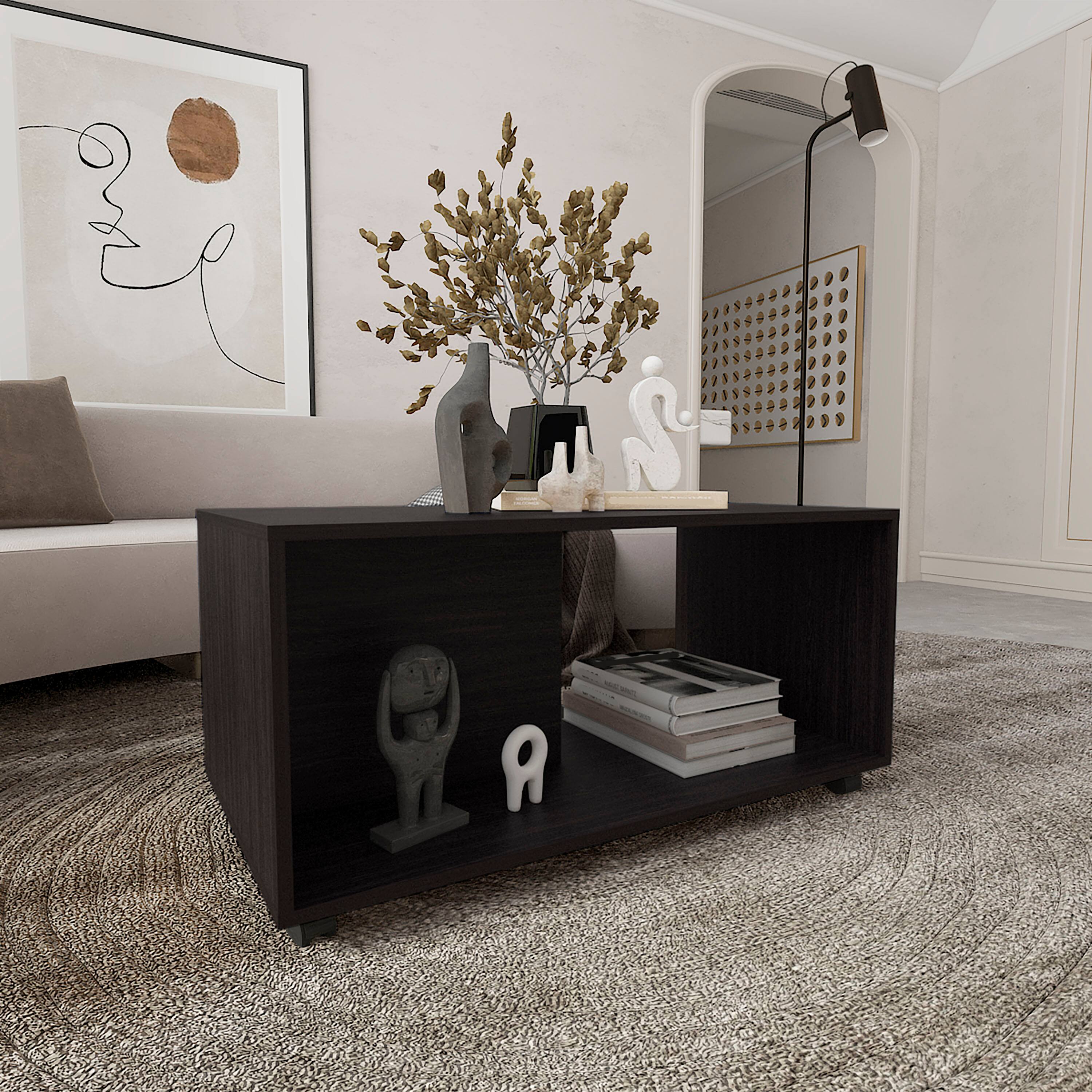 Angle. TuHome - Patrick Wide Coffee Table, Mobile, One Shelf, Rectangular, Living Room and Home - Black.