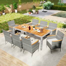 Gymax - 9 Pieces Patio PE Wicker Dining Set Outdoor Acacia Wood Table & Chairs - Off White