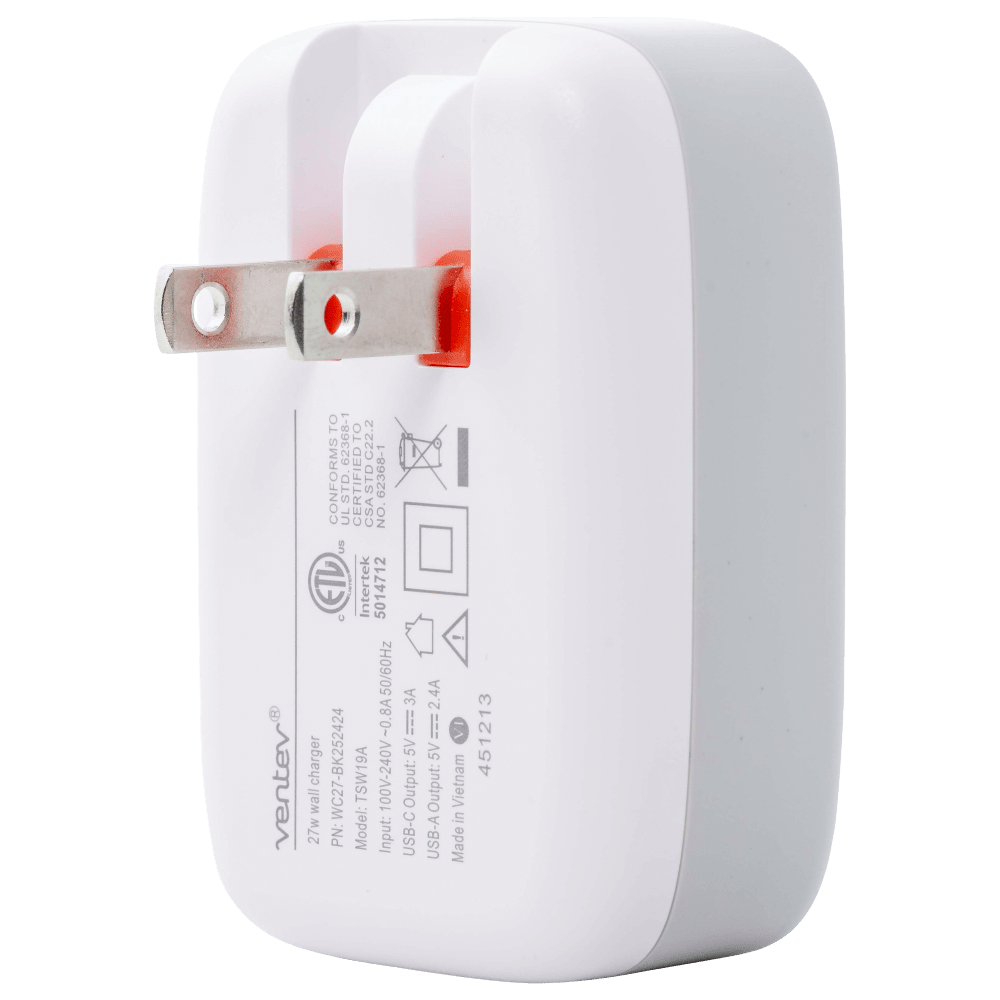 ventev  
27w wall charger  
PN: C27-BK252424  
TO 62368-1 CONFORMS SU ETL  
TO CERTIF STD C22.2 CSA STD 62368-1  
ON Intertek 5014712  
0.8A 50/60Hz  
Model: TSW19A  
100V-240V  
Input:  
USB-C  
5V Output: USB-C  
2.4A  
USB-A  
5V Output: USB-A  
Made in Vietnam  
451213