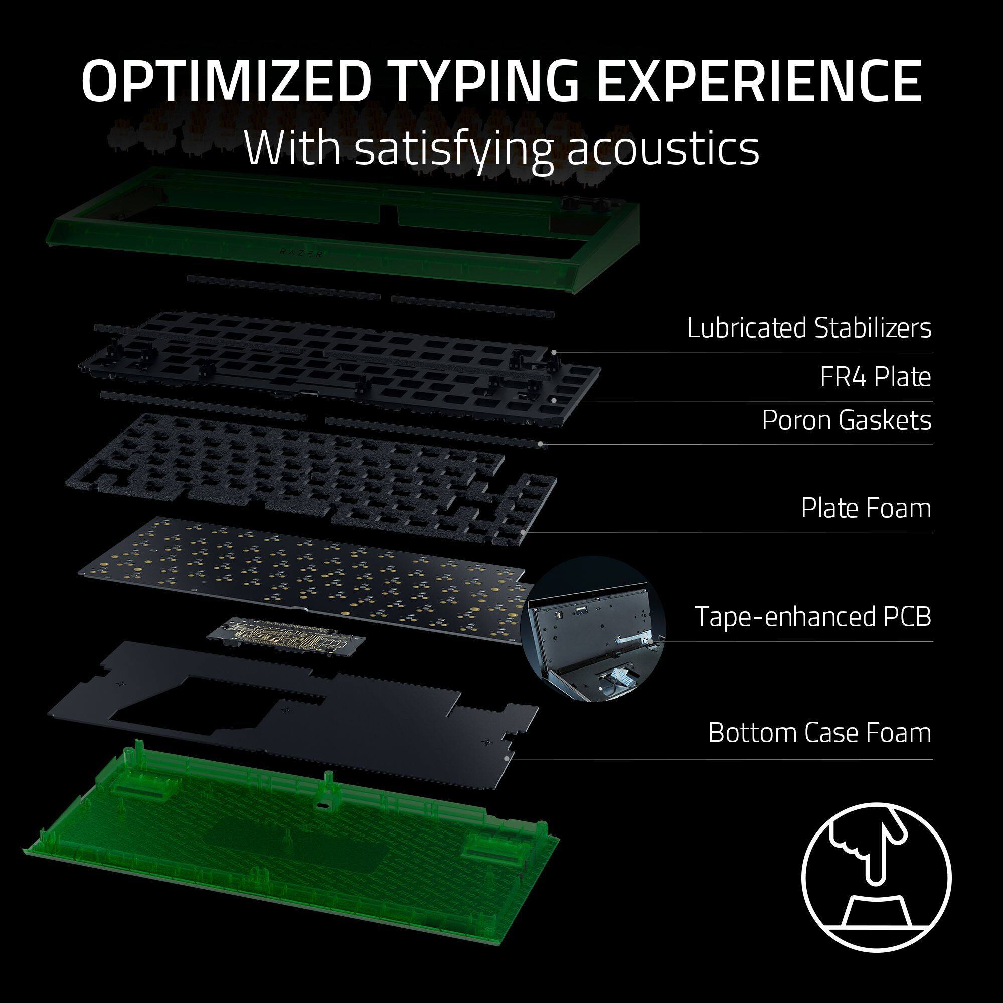 OPTIMIZED TYPING EXPERIENCE WITH SATISFYING ACOUSTICS LUBRICATED STABILIZERS FR4 PLATE PORON GASKETS PLATE FOAM TAPE-ENHANCED C BOTTOM CASE FOAM