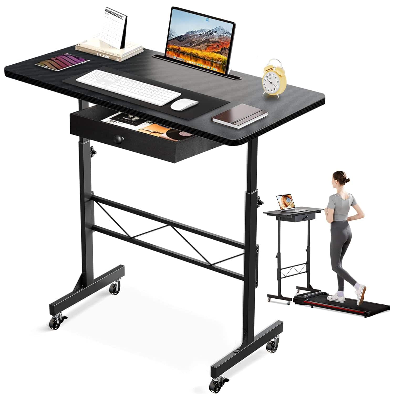 Zell Electronics - 32 Inch Rolling Adjustable DeskMobile Work Table for Laptop, Standing, or Sitting Use - Cf-black
