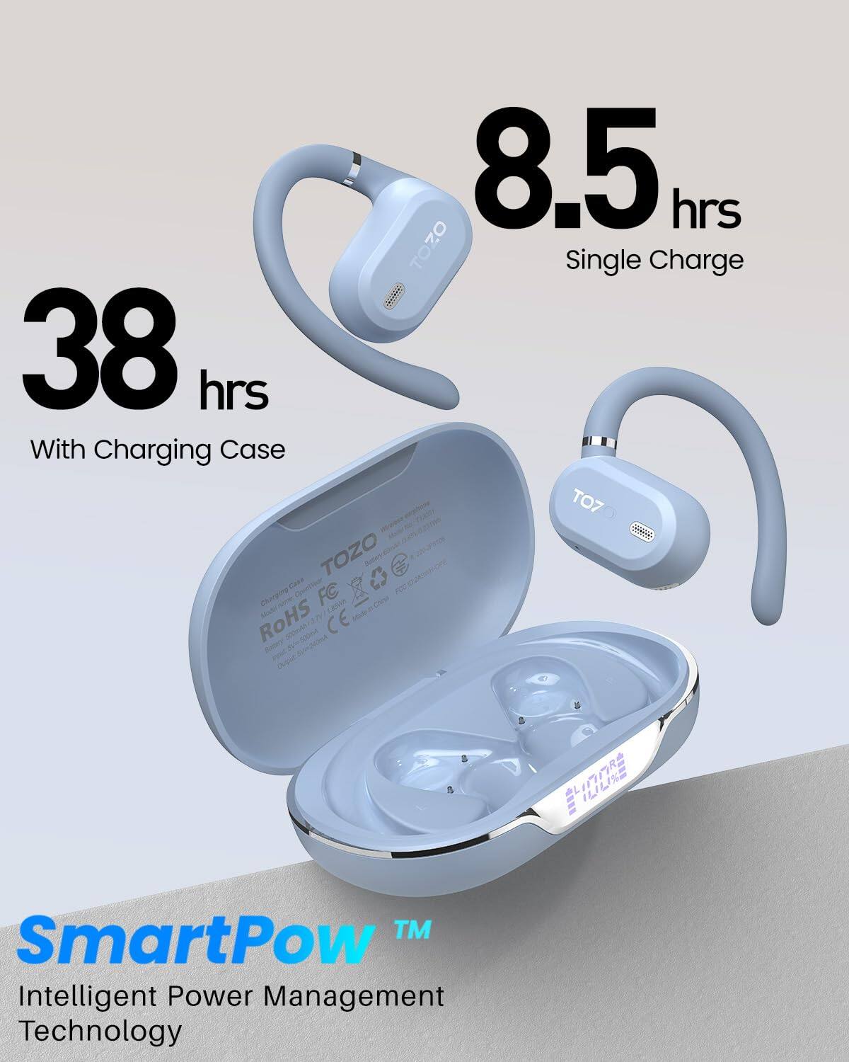8.5 hrs TOZO Single Charge  
38 hrs With Charging Case  
TOZO MehevtOnks  
2um0 Case Conminear  
2 FC F Charging Une 1an Chene  
ROHS CE  
stdeChina  
SCOHAR Sy=dam  
Buntery u  
ILILIE TM  
SmartPow Intelligent Power Management Technology